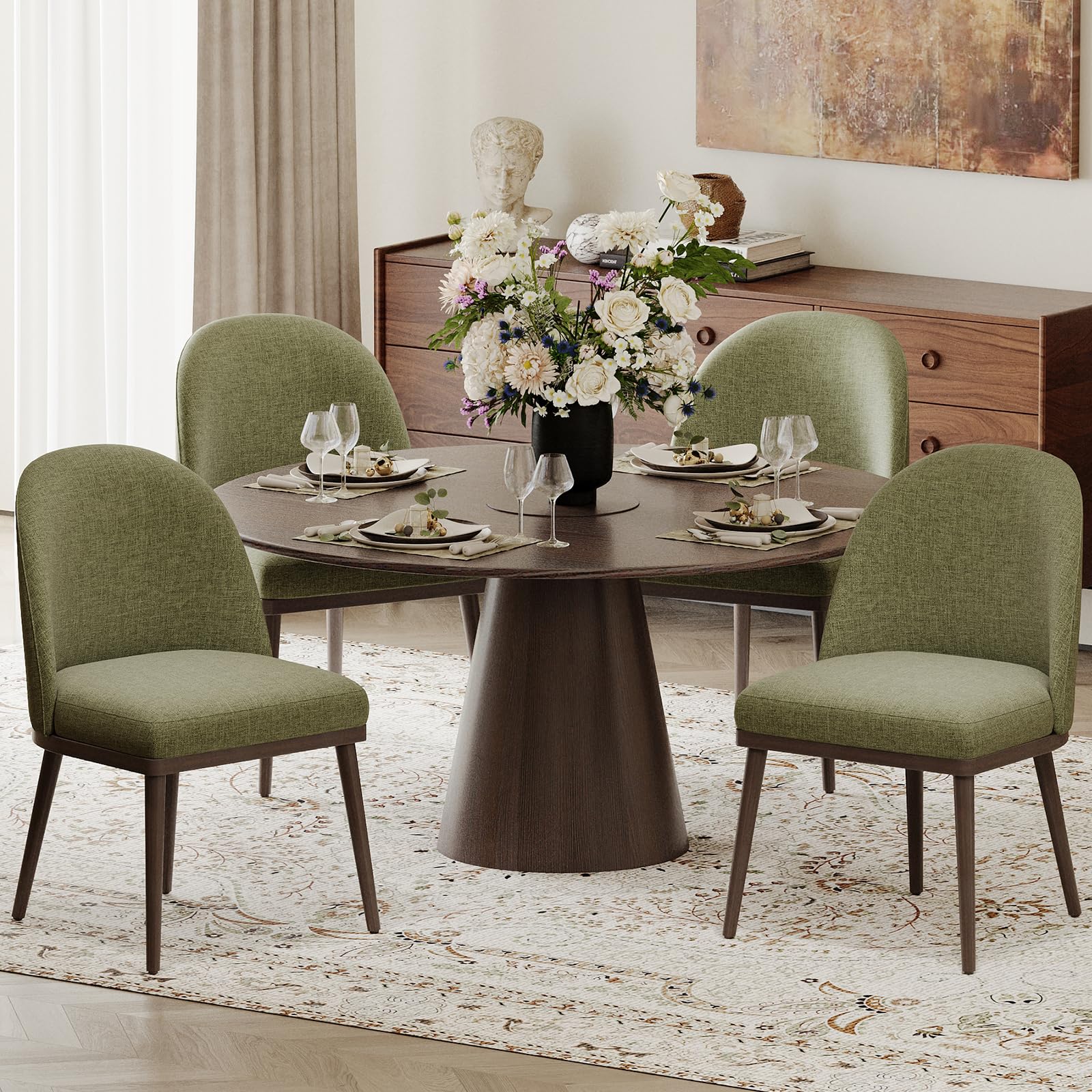 COLAMY Set of 4 Upholstered Dining Chairs - Modern Wooden Kitchen Chairs with Curved Backrest & Fabric Seat, Green - Perfect for Dining Room, Kitchen, and Breakfast Nook