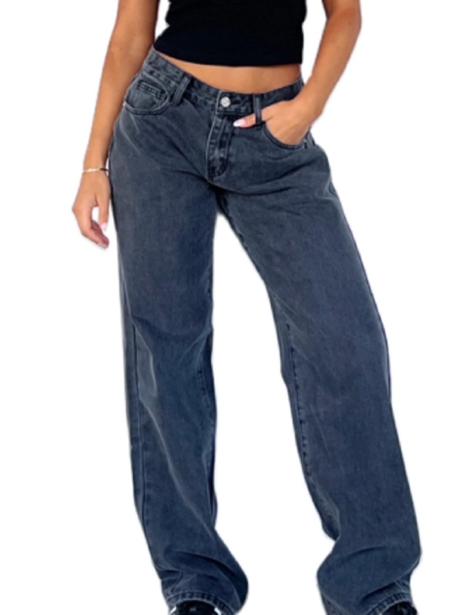 FOMOYUU Women's Low Rise Straight Leg Jeans - Y2K Fashion Wide Leg Loose Denim Pants with Stretch | Casual Streetwear Baggy Trousers for Everyday Wear & Urban Outfits