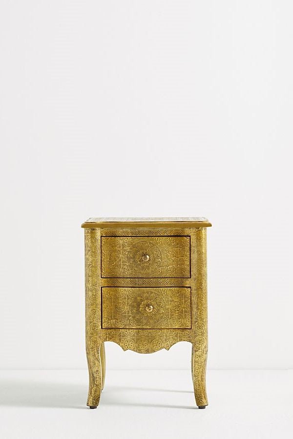 Antique Golden Metal Nightstand with 2 Drawers - Hand Embossed Bedside Table for Bedroom, Living Room & Office - Vintage Style Storage Furniture with Elegant Design