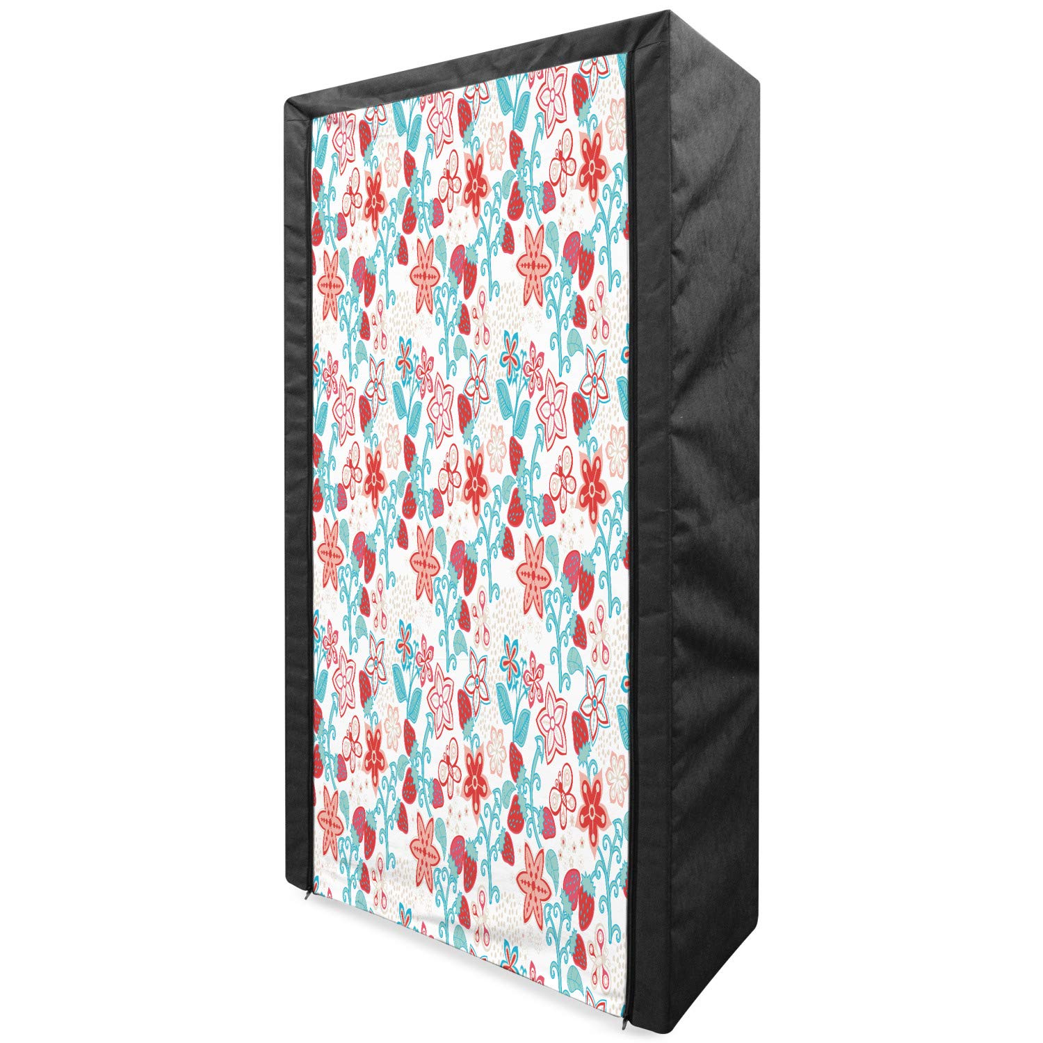 Ambesonne Floral Fabric Wardrobe - Portable Clothing Organizer with Shelves, 33.5 Inch, Dark Coral Aqua - Playroom Pattern with Flowers, Ladybugs, Butterflies & Strawberries - Perfect for Kids' Room, Dorm Storage & Seasonal Closet Organization