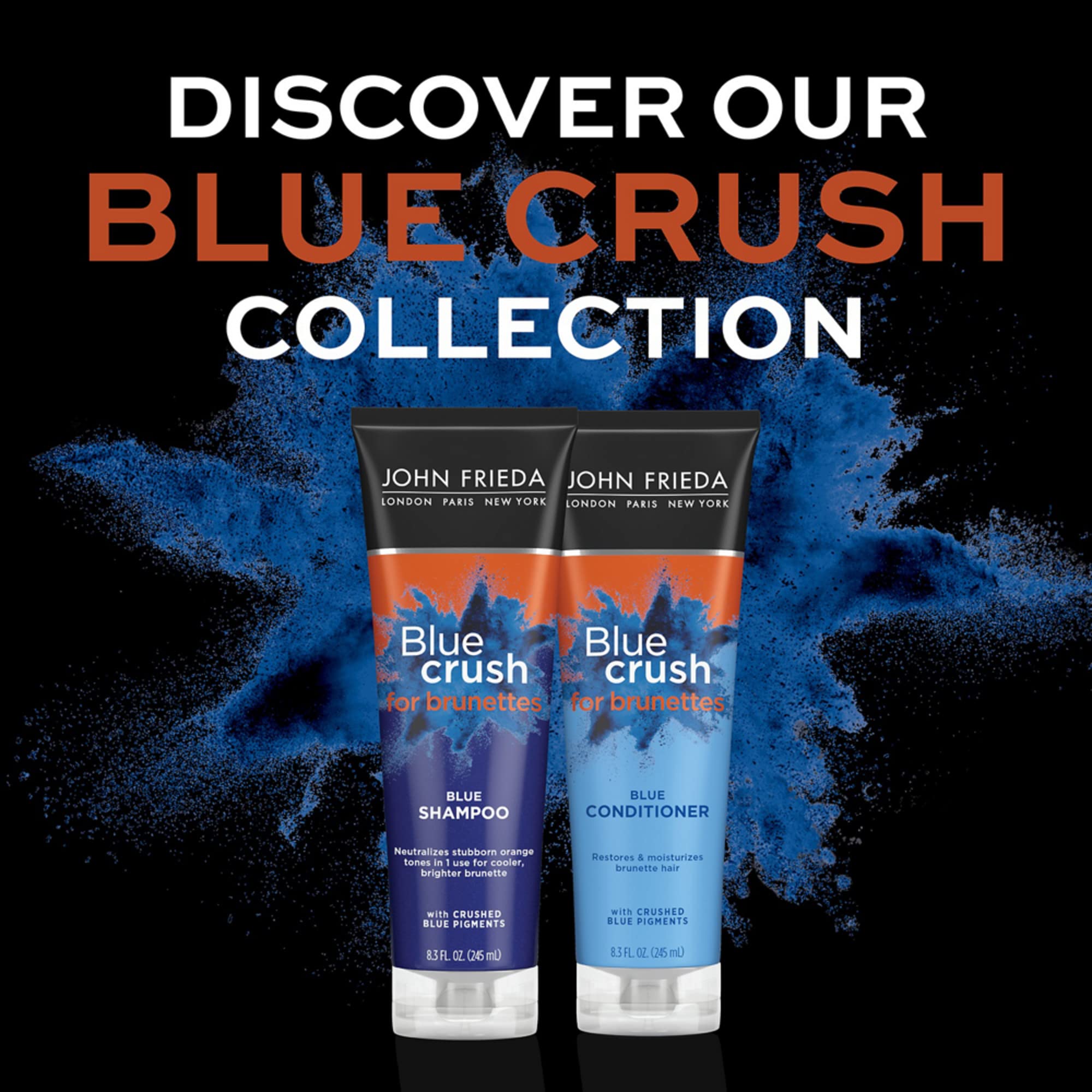 John Frieda Blue Crush Shampoo & Conditioner Set for Brunettes - Neutralizes Brassy Tones, 8.3 Fl Oz (Pack of 2) - Perfect for Color-Treated Hair at Home or Salon Use