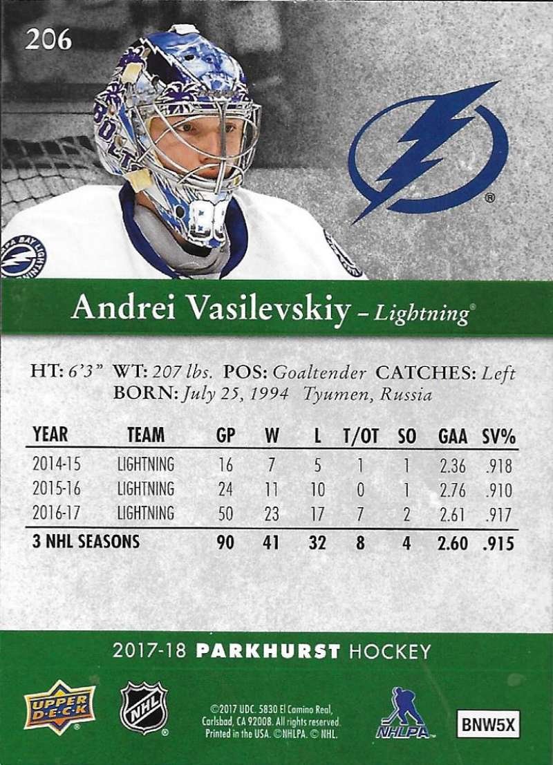 2017-18 Parkhurst NHL Hockey Trading Card #206 Andrei Vasilevskiy Tampa Bay Lightning - Collectible Sports Memorabilia for Hockey Fans and Card Collectors - Perfect for Display, Trading, and Investment