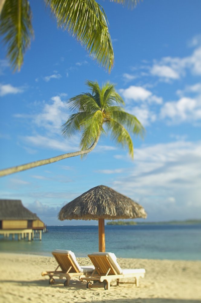 French Polynesia Tahiti Bora Bora Beach Lounge Chairs & Thatch Umbrella with Ocean View Wall Art Print (12x19) - Tropical Vacation Decor for Living Room, Bedroom, or Office