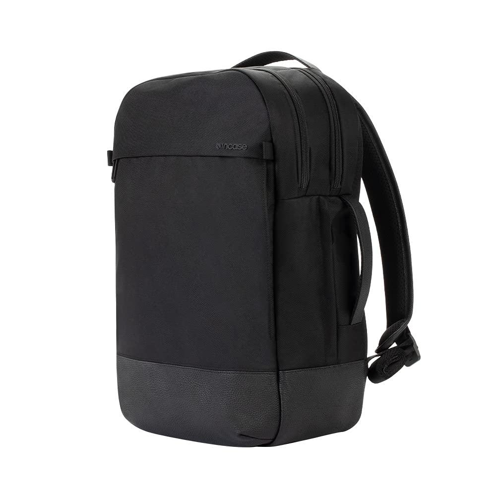 Incase Twill & Leather Backpack - 16 Inch Laptop Backpack for Travel, Work & School - Durable Recycled Materials - Compact Carry-On (18x13x5 in, 17.5L) - Black - Perfect for Business Trips, Commuting & College Campus Use
