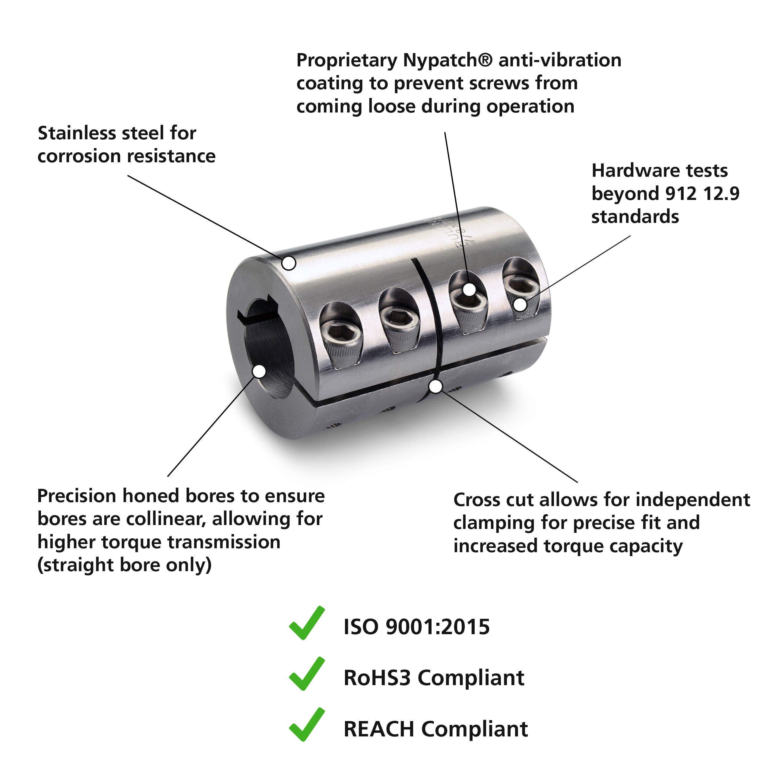 Ruland MCLC-16-16-SS Stainless Steel One-Piece Clamping Rigid Coupling with Keyway - 16mm Bore, 34mm OD, 50mm Length - Perfect for CNC Machinery, Robotics, and Industrial Automation Systems
