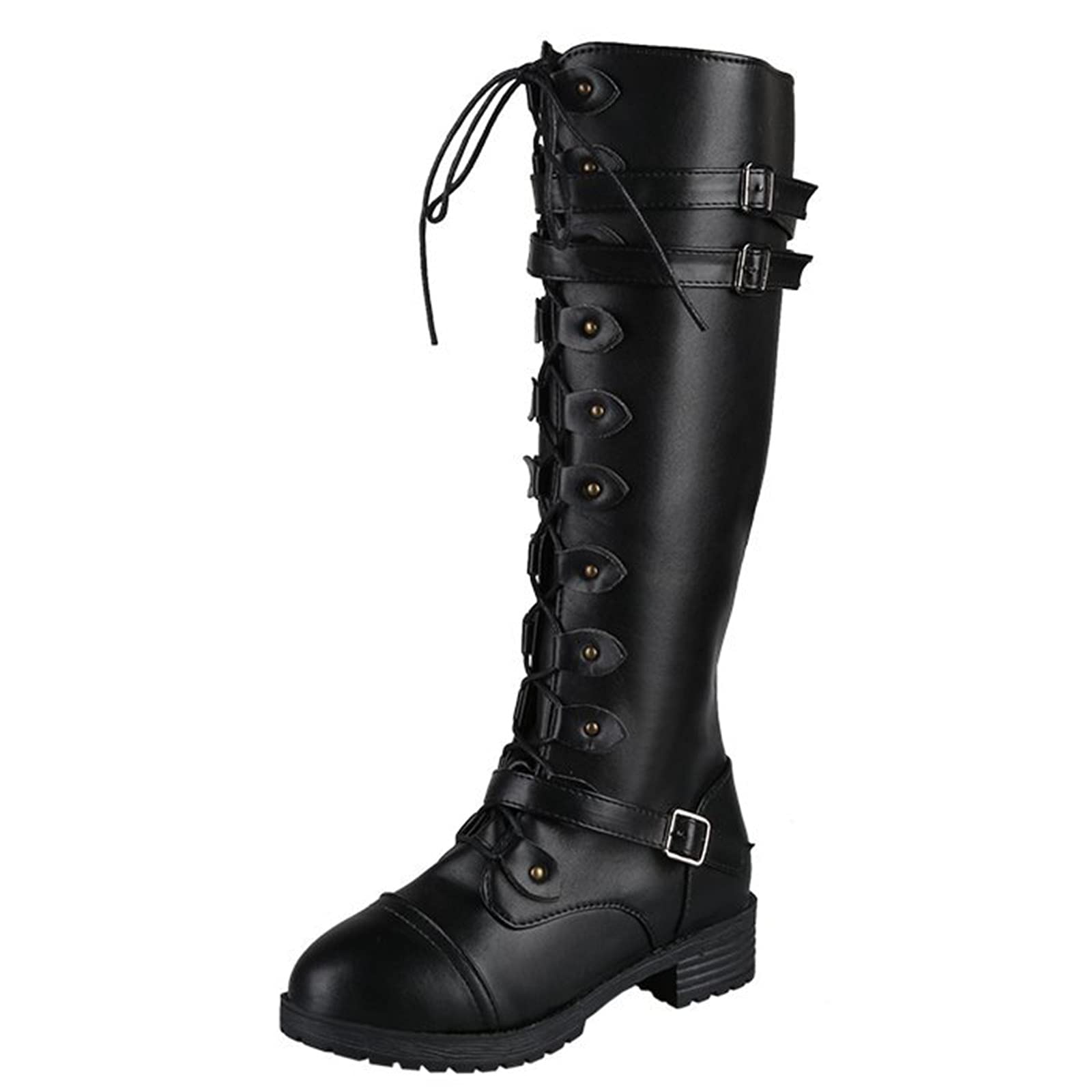 Aayomet Women's Knee High Motorcycle Boots - Strappy Lace Up Flat Heel Riding Boots for Office & Winter Wear | Perfect for Casual Outfits, Biker Style & Cold Weather Fashion