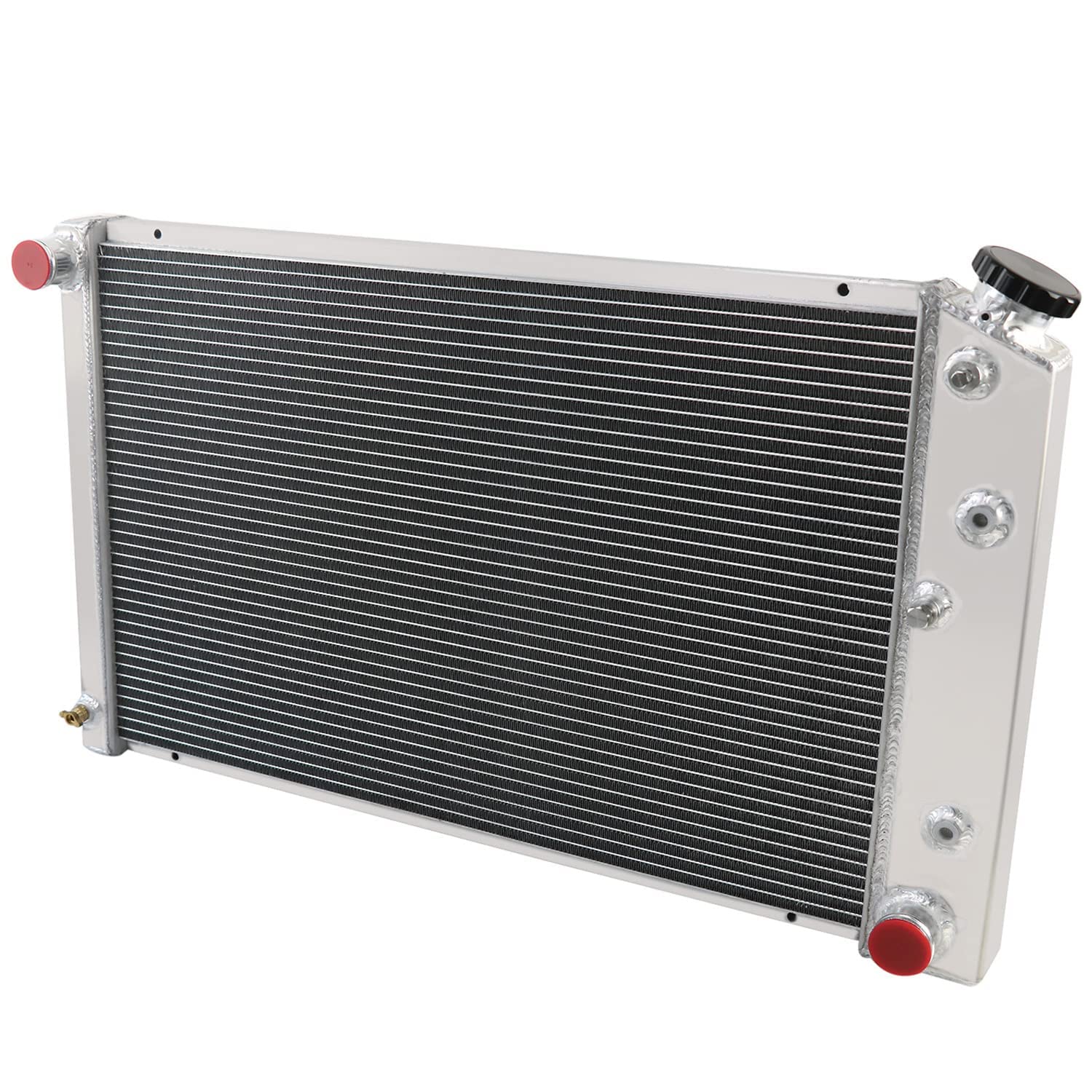 High-Performance Aluminum Radiator for 1970-1988 Chevy GMC C/K Suburban Pickup El Camino Monte Carlo Caprice Malibu Camaro Nova Jimmy Oldsmobile Cutlass Supreme Omega Pontiac - 4 Row Cooling System with Dual 12