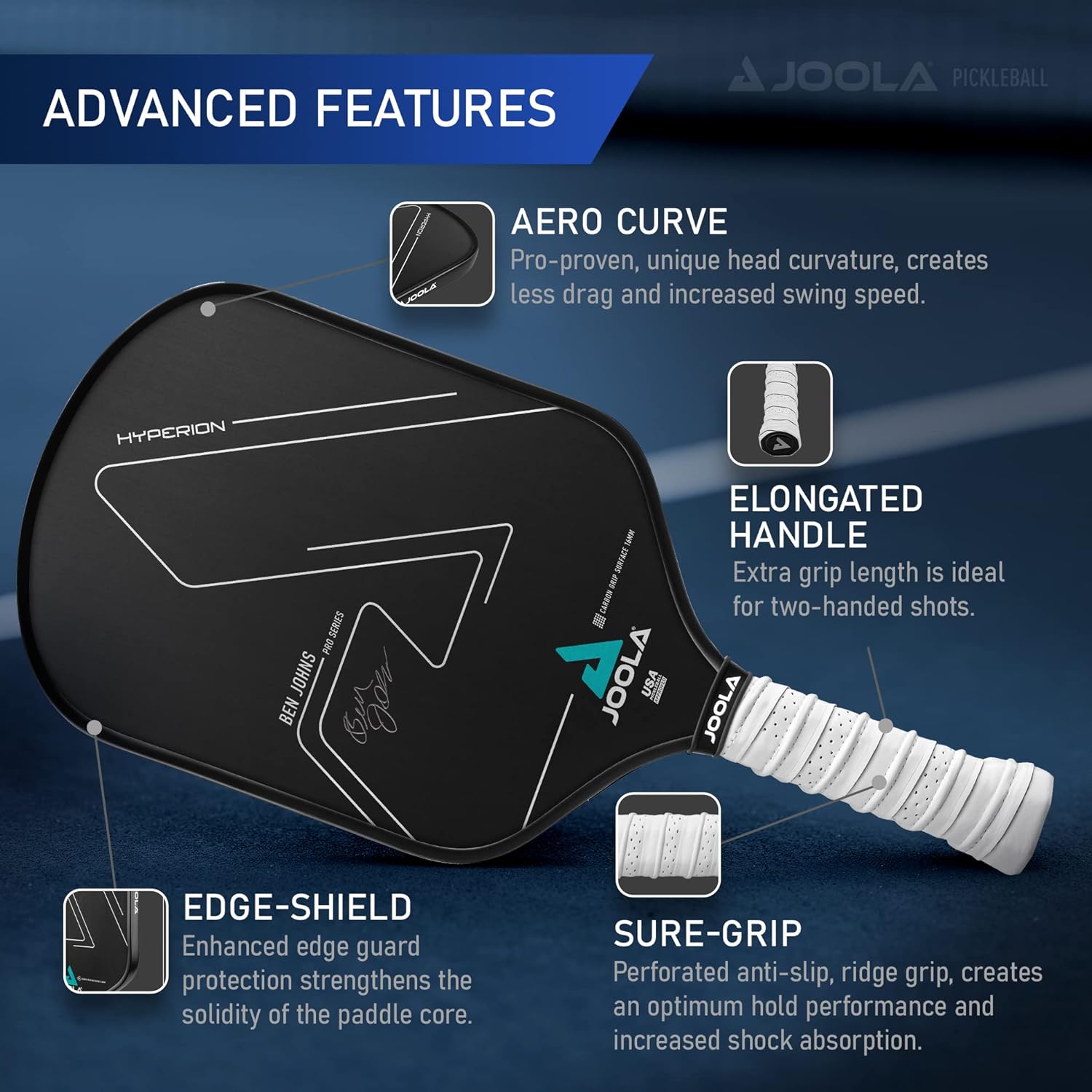 JOOLA Ben Johns Hyperion CGS 16 Pickleball Paddle - Premium Carbon Fiber Surface for Spin & Control - Perfect for Competitive Play & Outdoor Games