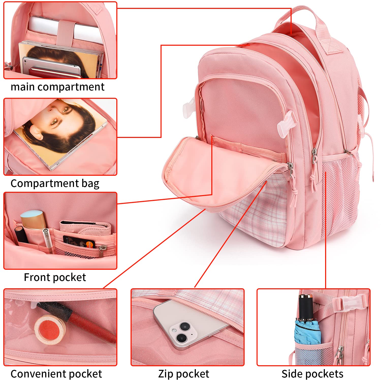 Kalesi Anti-Theft Laptop Backpack for School, College & Work - 15.6 Inch Large Travel Bookbag for Men, Women & Teens (Light Pink) - Perfect for Daily Commute, Business Trips & Campus Life
