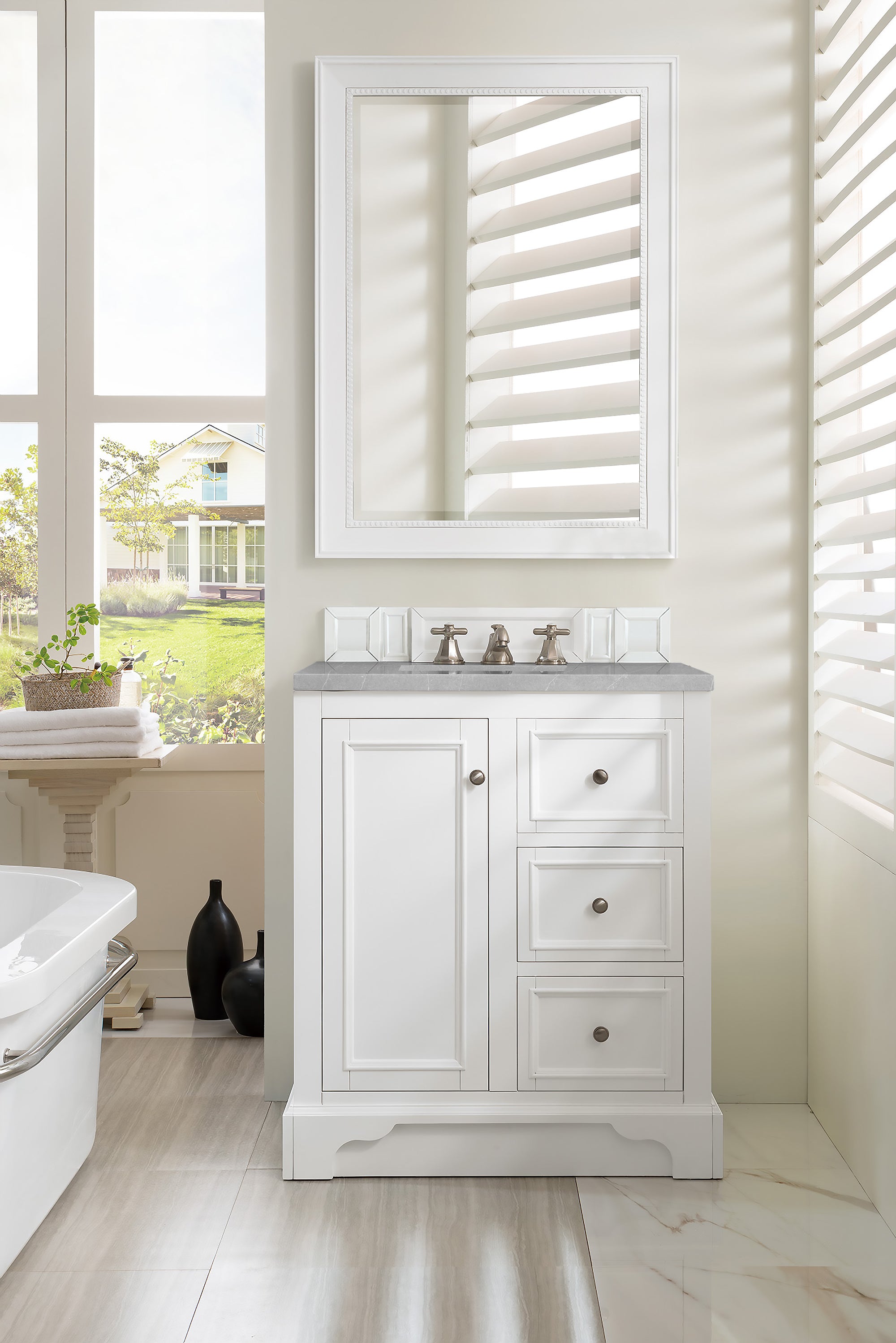 De Soto 30-Inch Single Bathroom Vanity Set with 3CM Eternal Serena Quartz Top in Bright White - Perfect for Modern Bathroom Remodeling & Small Space Solutions