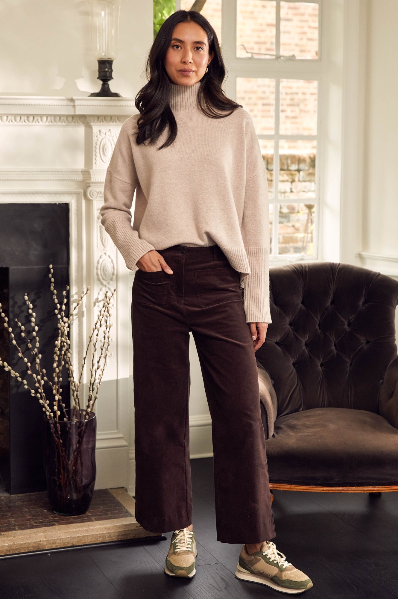 Premium Merino Wool Funnel Neck Sweater for Women | Soft Oat Color Winter Pullover | Cozy Cold Weather Knitwear for Office, Travel & Outdoor Activities