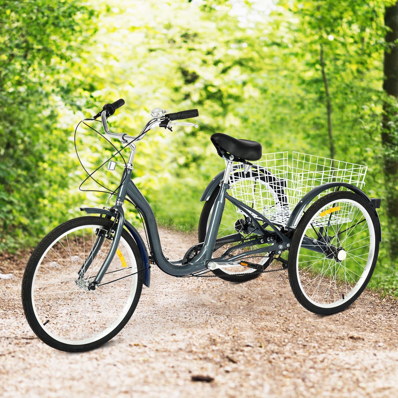 **Adult Tricycle 7-Speed 24-Inch Three-Wheel Bike with Cargo Basket - Adjustable Seat & Rear Basket for Men & Women - Perfect for Recreation, Shopping & Beach Cruising**