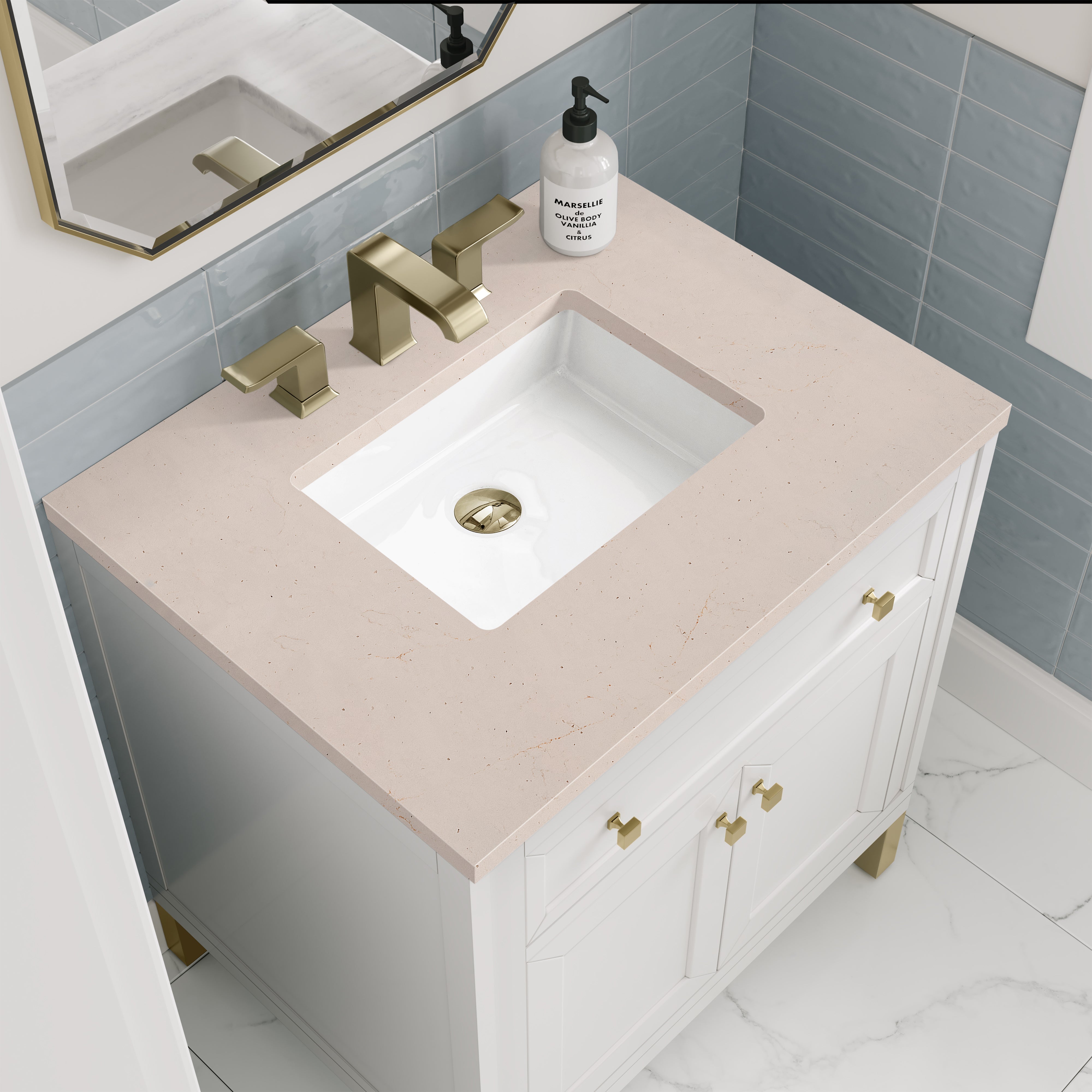 Chicago 30-Inch Single Bathroom Vanity Set with Glossy White Finish & 3CM Eternal Marfil Stone Top - Perfect for Modern Master Bathrooms & Powder Rooms