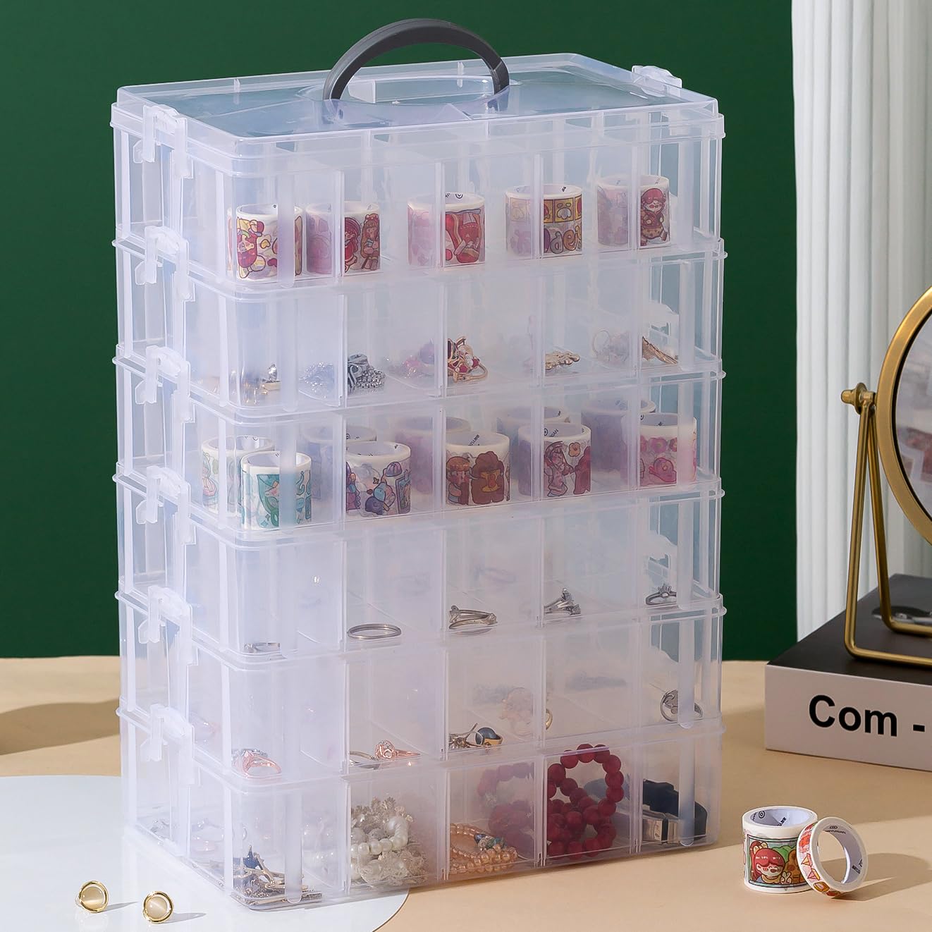 Gagee 6-Tier Craft Storage Organizer with 60 Adjustable Compartments | Stackable Bead & Jewelry Organizer Box for Arts & Crafts, Toys, Threads, Fuse Beads, Washi Tapes, Hot Wheels | Clear Plastic Storage Containers for Home, Office & Craft Room Organization