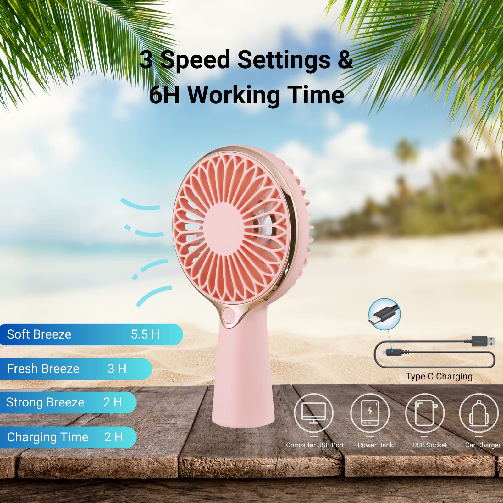 Portable USB Rechargeable Mini Handheld Fan - 3-6 Hours Battery Life, Personal Cooling Fan for Desk, Travel, Office & Outdoor Use | Perfect for Summer, Commuting, Camping and Home Comfort