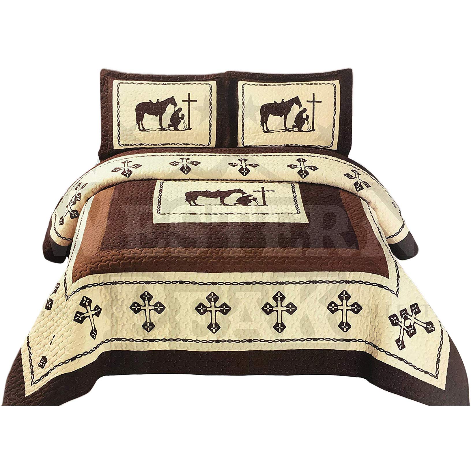 Western Peak Praying Cowboy Horse Barb Wire Star Cabin Lodge Luxury Quilt Bedspread Coverlet Comforter 3-Piece Set - Beige Brown (King Size) for Rustic Ranch, Cabin, or Lodge Bedroom Decor