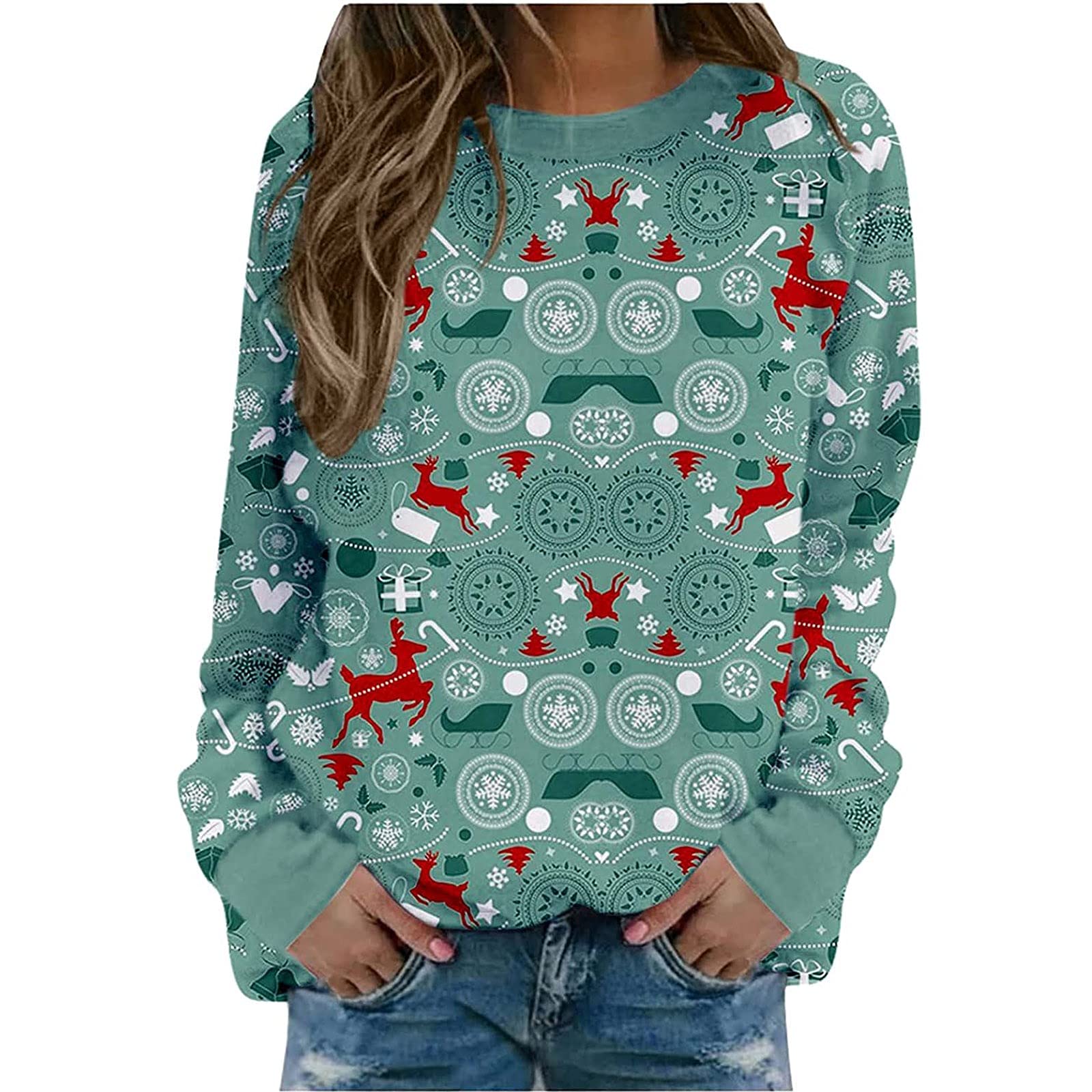 Women's Christmas Tops - Cute Printed Long Sleeve T-Shirts & Casual Crewneck Sweatshirts | Loose Comfy Holiday Pullover for Party, Gift & Winter Outfits
