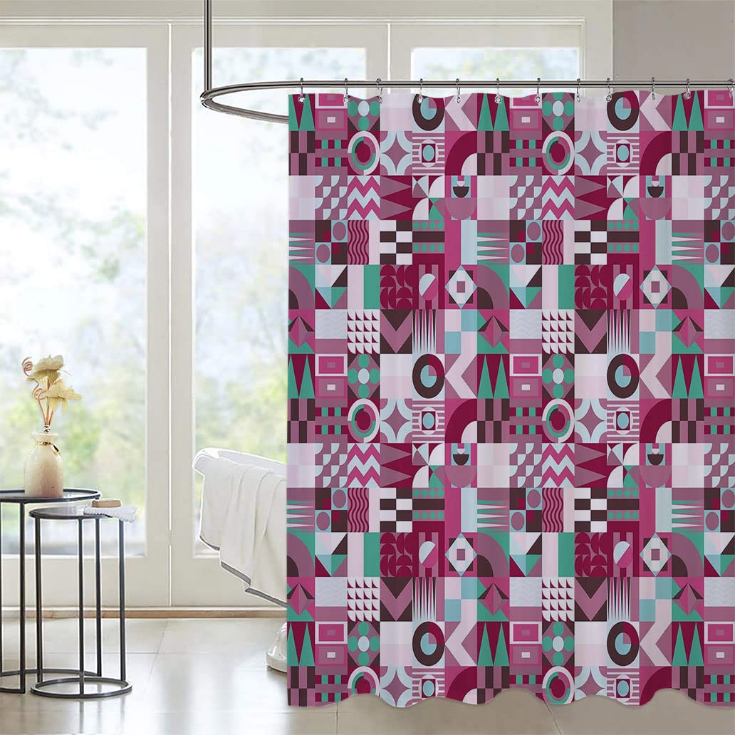 Vintage Mid Century Bath Shower Curtain Set - 50s Retro Checkered Design with Hooks, 63