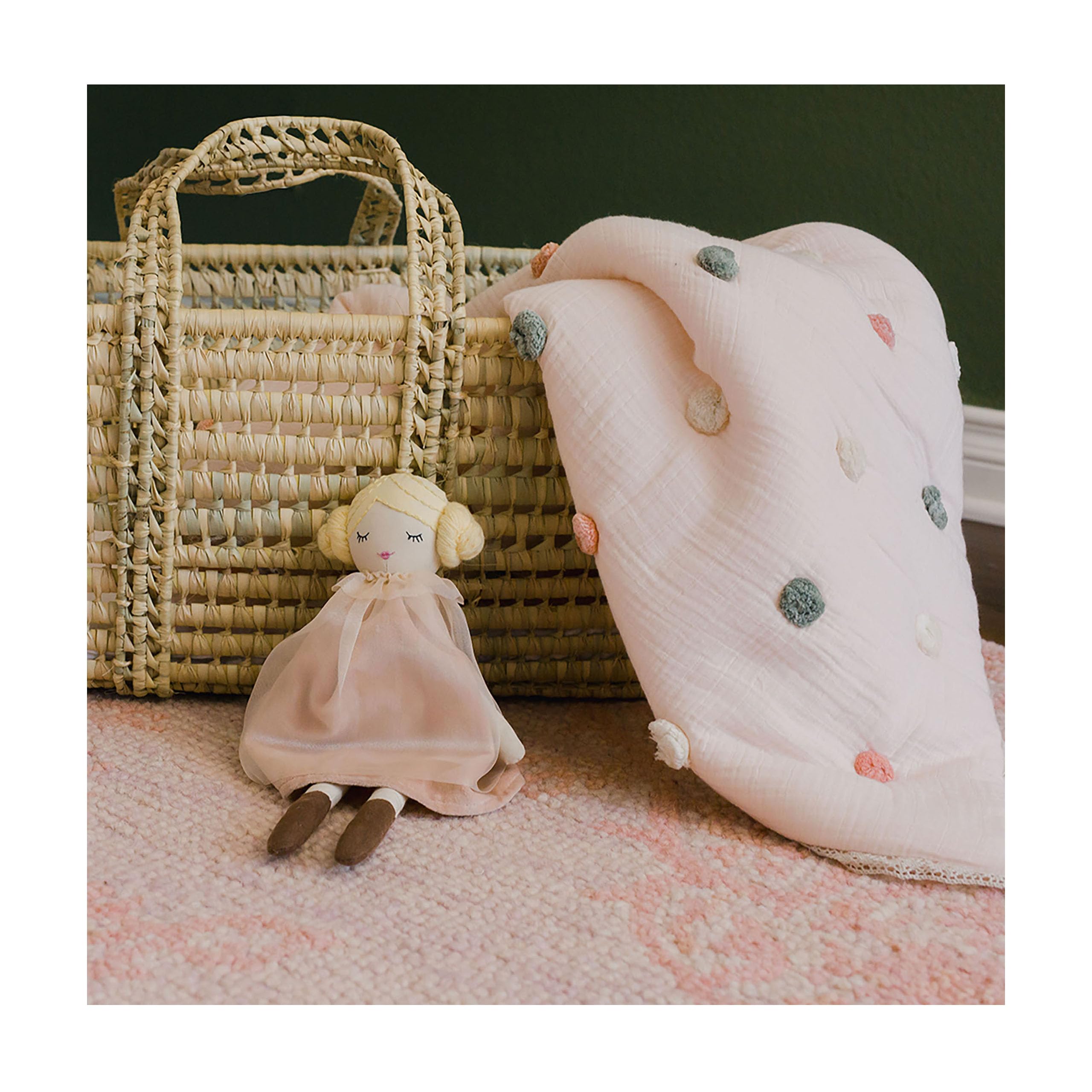 Soft Cotton Crane Baby Blanket with Pom Poms - 36