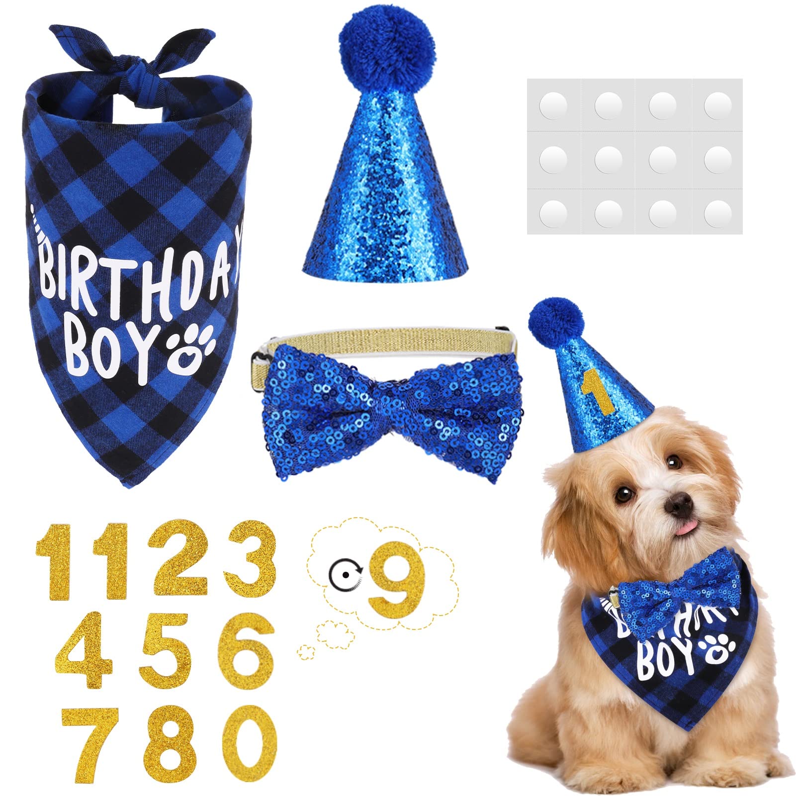 Dacitiery Plaid Dog Birthday Bandana Scarf & Bow Tie Collar Set with Birthday Hat - Adjustable Outfit for Medium & Large Dogs - Perfect for Birthday Parties, Photo Shoots & Special Occasions