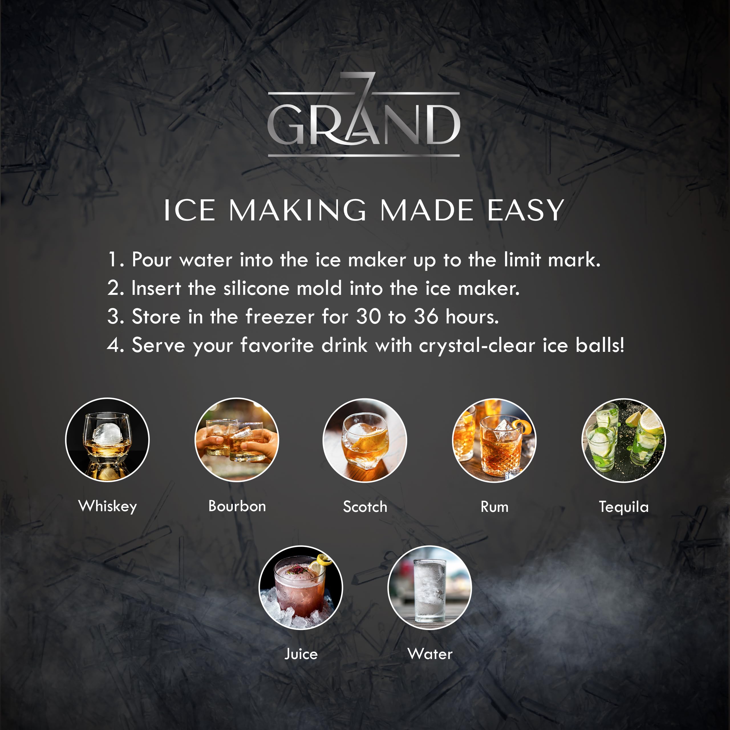 Premium Crystal Clear Ice Ball Maker - 1 Piece Sphere Ice Mold for Large Round Ice Balls - Silicone Cocktail Ice Cube Tray for Whiskey & Bourbon Drinks - Freezer Safe & BPA-Free Bar Accessory - Perfect for Home Bars, Parties & Gift Giving - 7Grand