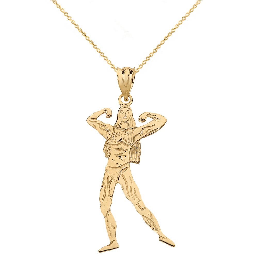 14K Yellow Gold Bodybuilder Pendant Necklace for Women - Gym Jewelry, Workout Gift, Fitness Motivation Charm for Athletes & Weightlifters