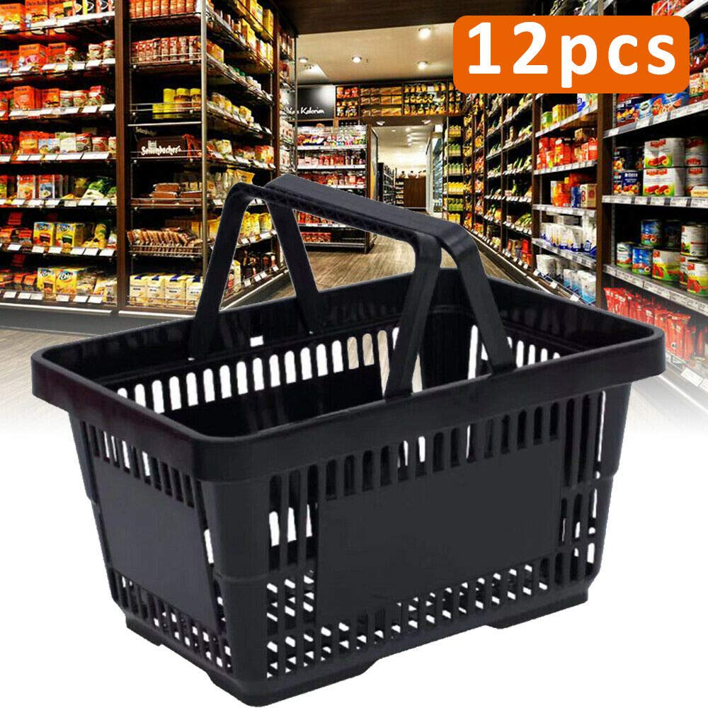 12 Pack Black Plastic Shopping Baskets with Handles - Durable Retail Grocery Baskets for Supermarket, Convenience Store & Home Organization - Perfect for Shopping, Storage & Display