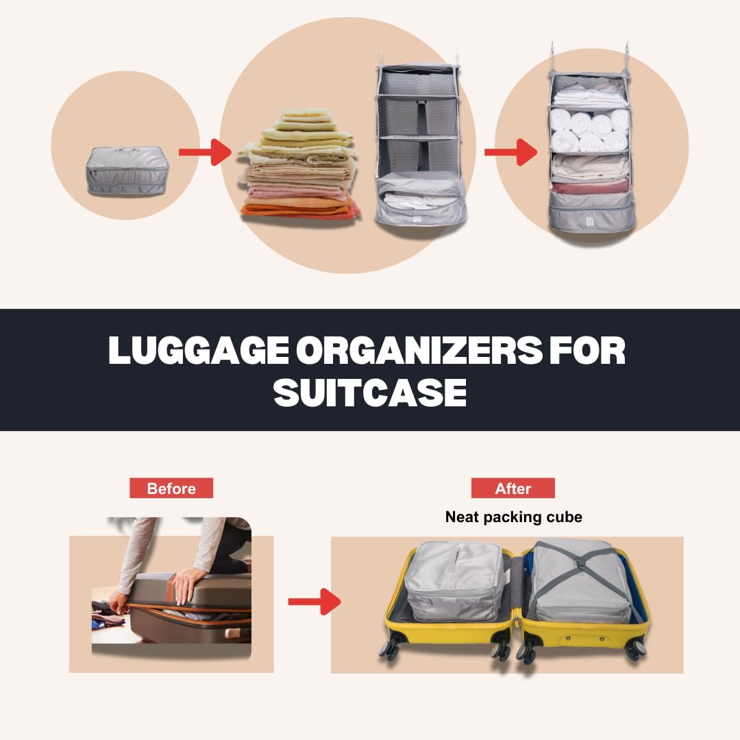 Collapsible Hanging Luggage Organizer with Shelves - Space-Saving Packing Cubes for Suitcases | Perfect Travel Organization System for Carry-On & Checked Bags | Ideal for Business Trips, Vacations & Weekend Getaways