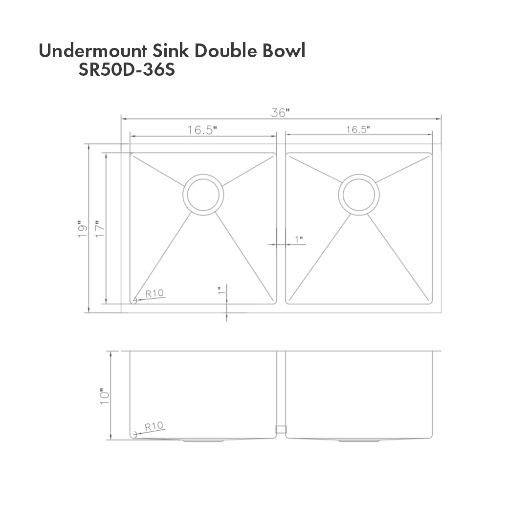 ZLINE 36 Inch Stainless Steel Undermount Double Bowl Kitchen Sink with Bottom Grid - 16 Gauge, Matte Finish (SR50D 36) | Perfect for Modern Kitchens, Remodeling & Heavy-Duty Cooking