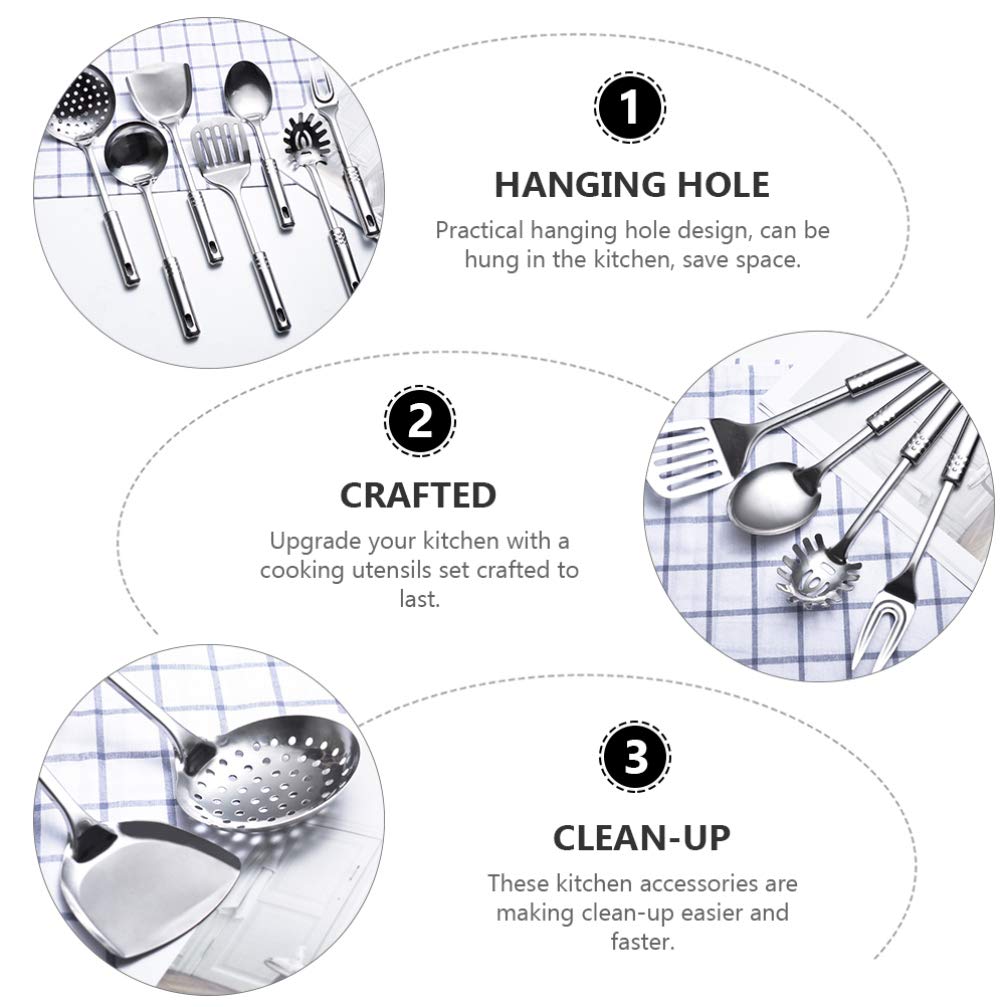 7-Piece Stainless Steel Kitchen Utensil Set - Meat Fork, Colander, Soup Ladle & Cooking Tools for Baking, Grilling & Food Prep | Durable Cookware Gadgets for Home Chefs