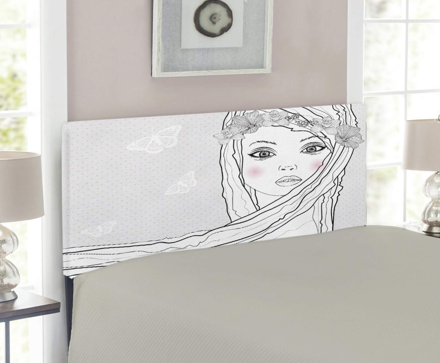 Ambesonne Twin Size Upholstered Headboard for Teen Room - Floral Wreath & Butterfly Design with Memory Foam - White Black Pearl - Perfect for Girls' Bedroom Decor & Teen Sleep Space