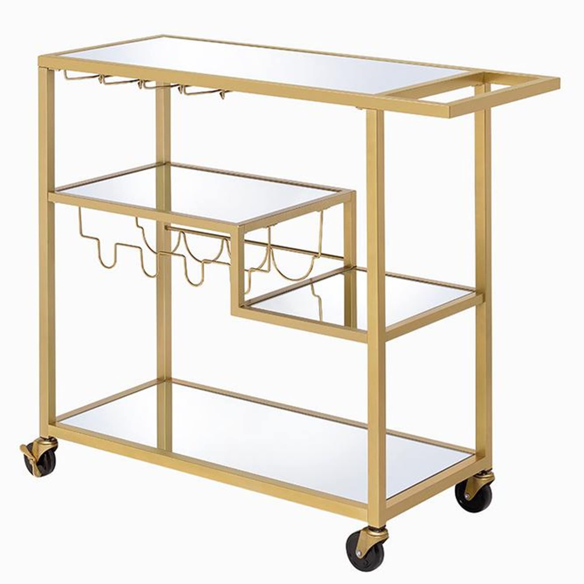 Benjara Gold Metal Serving Cart with Wine Bottle Holder - Elegant Clear Glass Top for Home Bar, Kitchen, and Outdoor Entertaining
