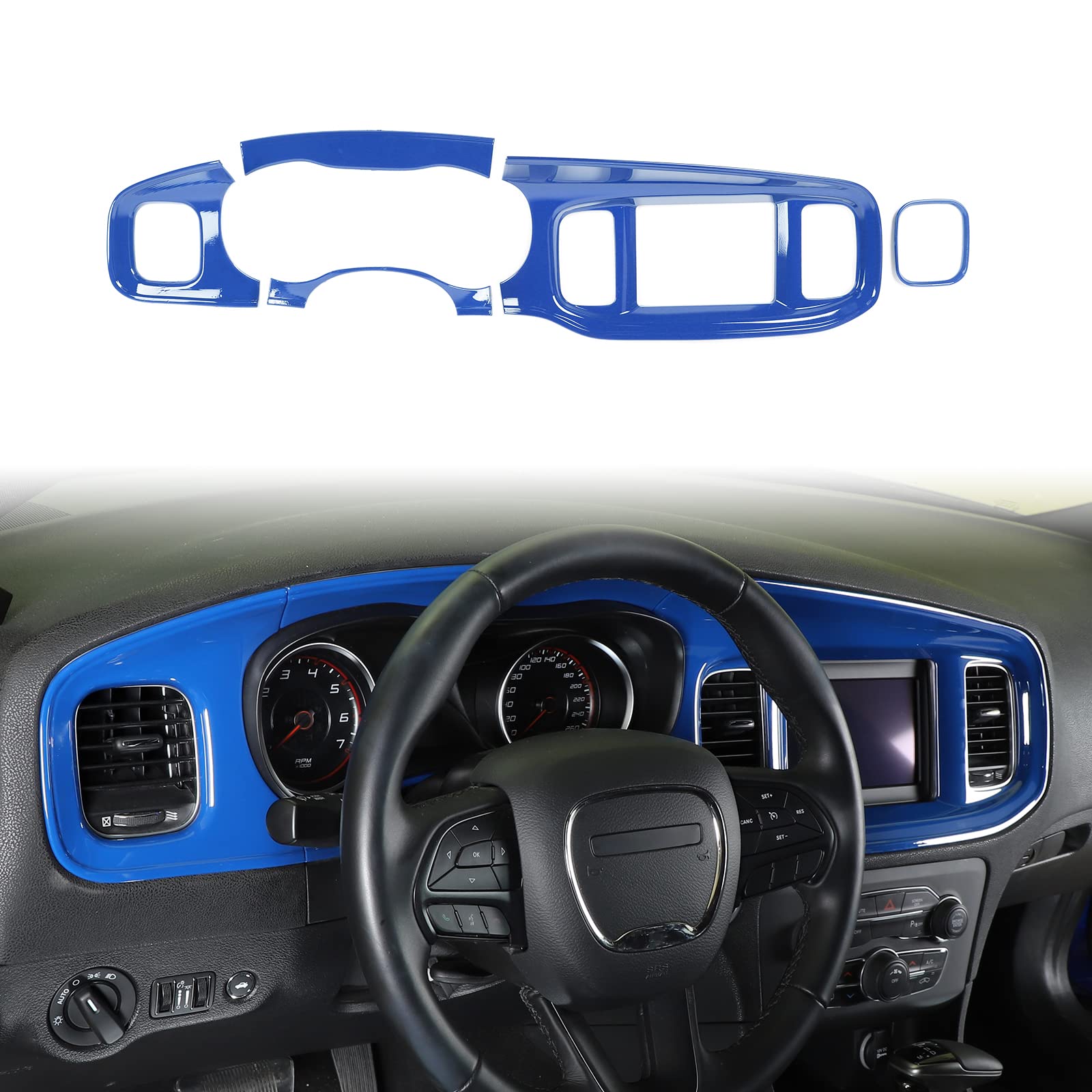ABS Blue 5pcs Dashboard Trim Panel for 2015-2024 Dodge Charger - Center Console & Instrument Cluster Bezel Upgrade - Perfect for Interior Customization & Car Accessories Enhancement
