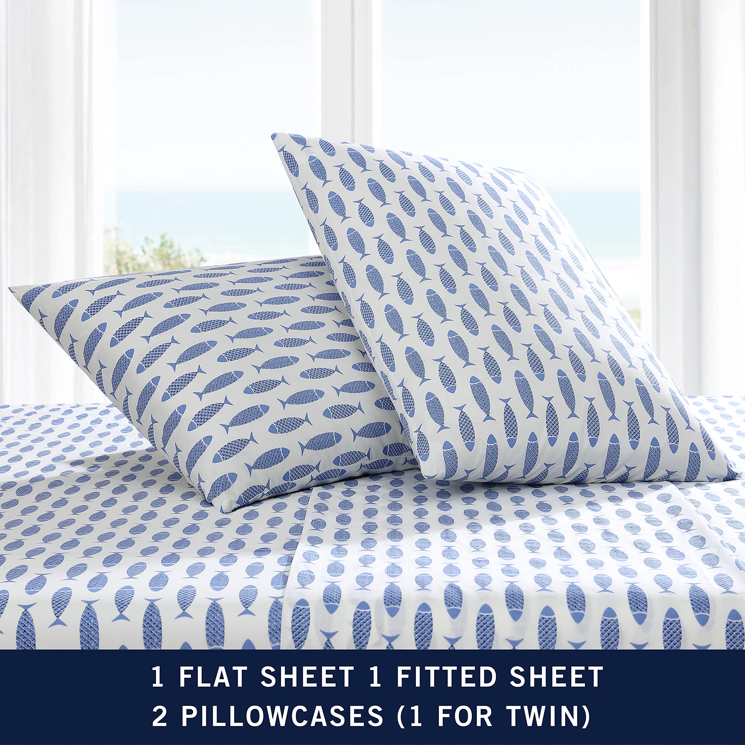 Nautica Queen Sheets - 100% Cotton Percale Bedding Set | Crisp & Cool Coastal Style | Woodblock Fish Blue | Perfect for Beach House, Guest Room & Summer Sleep