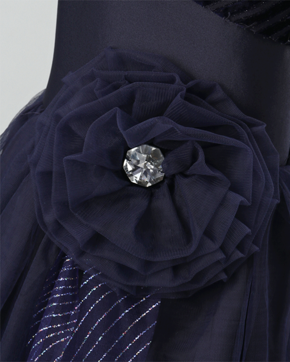 Pre Order: Navy Blue Girls Flower Embellished Party Gown with Net and Crepe Lining | Elegant Flower Girl Dress for Weddings, Birthday Parties & Special Occasions