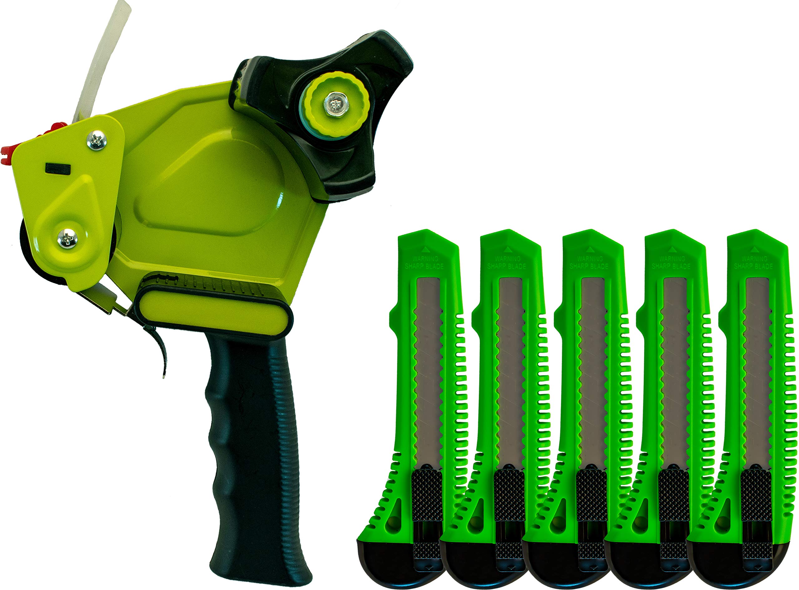 Easy Load Tape Gun with 5 Snap Blade Box Cutters - Spring Loaded Trigger, Sharp 3/16