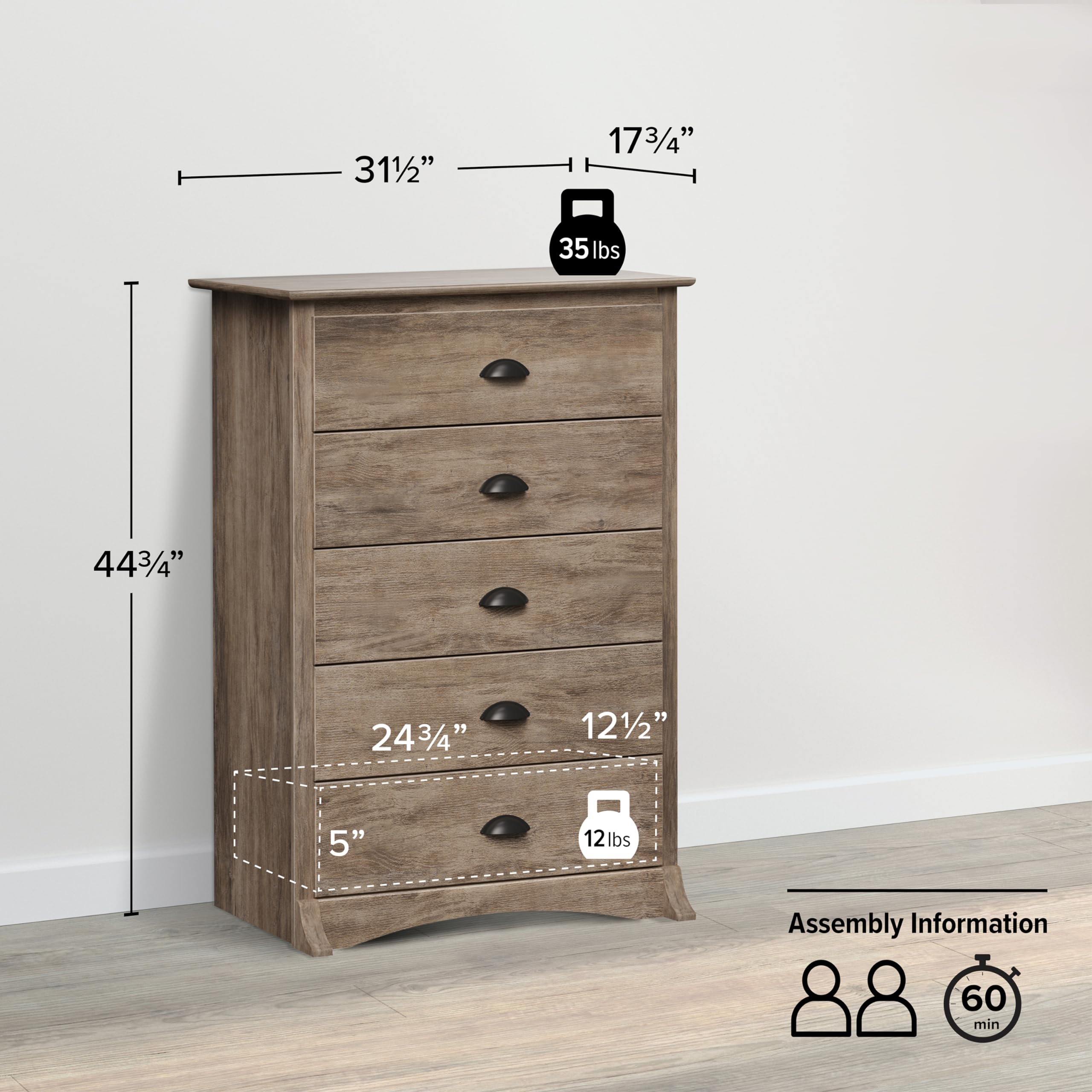 Prepac Salt Spring Rustic 5-Drawer Tall Dresser - Farmhouse Bedroom Chest of Drawers 17.75