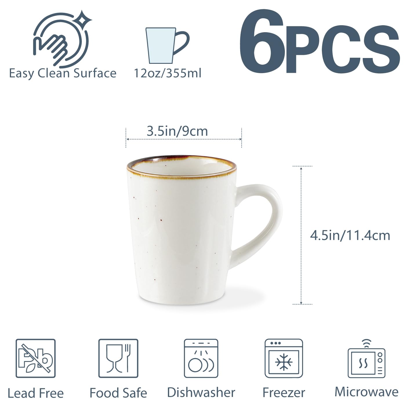 Premium 12 oz Ceramic Coffee Mugs Set of 6 - Speckled Porcelain Mugs with Comfortable Handle for Coffee, Tea, Latte & Hot Cocoa - Ideal for Home, Office, Restaurant & Gift Giving