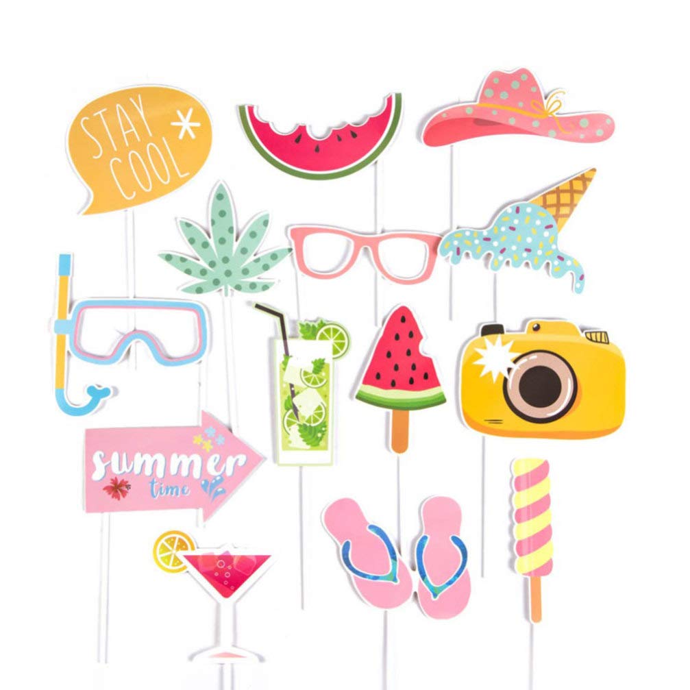 TENDYCOCO 14pcs Hawaiian Party Photo Booth Props Set - Tropical Luau Selfie Sticks, Paper Background Decor & Photography Accessories for Beach Themed Parties, Birthday Celebrations & Summer Events