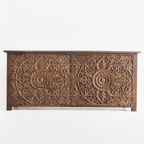 Hand Carved Floral Brown Wooden Dresser with 6 Drawers - Vintage Bedroom Furniture for Storage & Organization | Perfect for Bedroom, Living Room & Home Decor