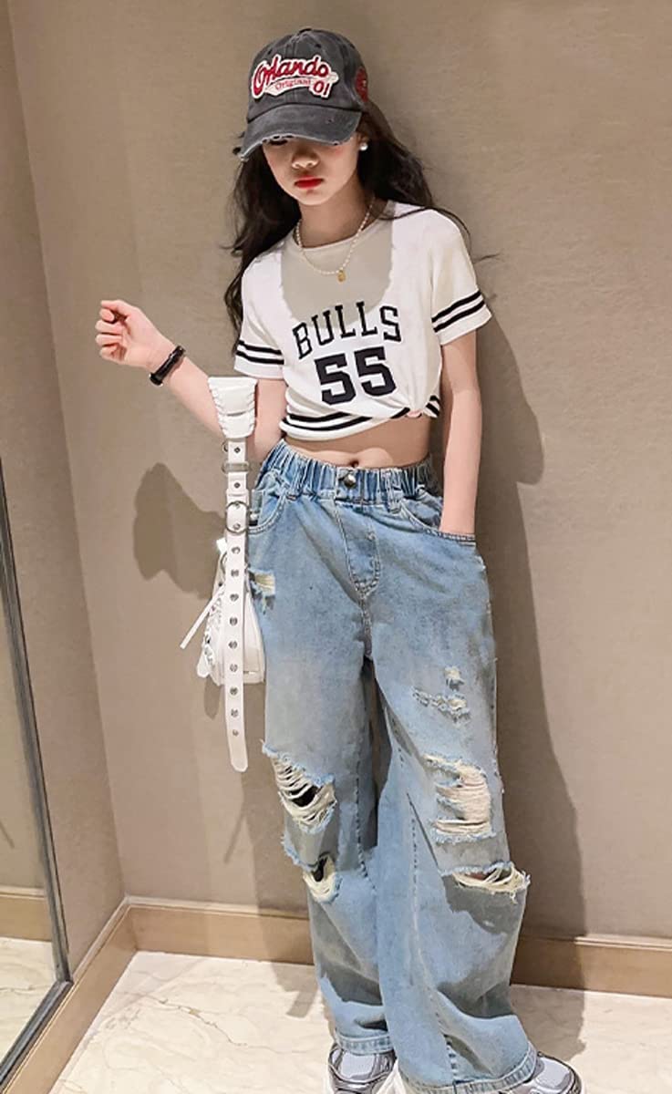 NABER Kids Girls Stretch Elastic Waist Cool Ripped Jeans - Washed Denim Wide Leg Distressed Jeans for Girls Age 5-15 Years - Perfect for School, Playdates & Casual Outfits