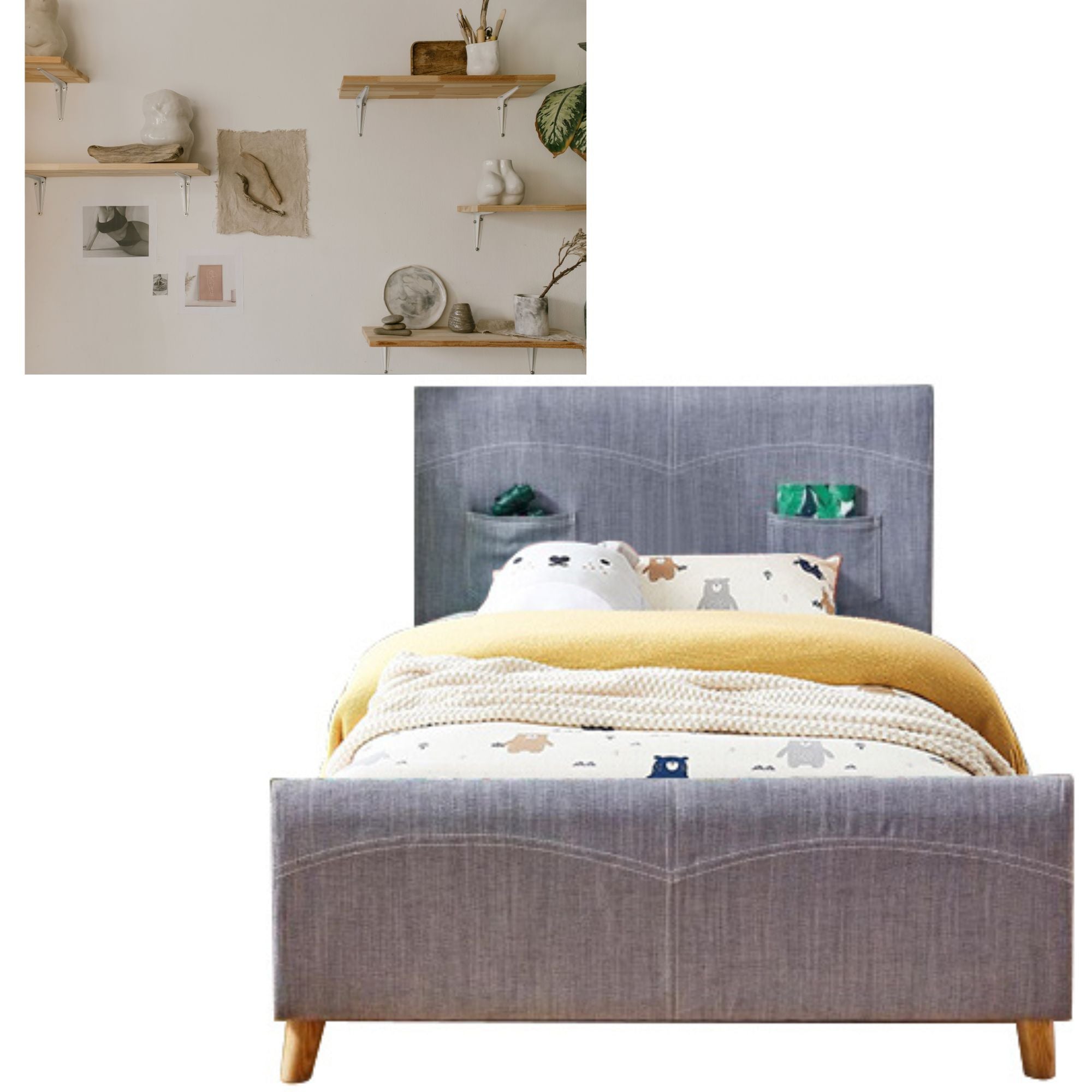 Premium Kids Single Fabric Upholstered Bed with Steel Frame - Durable & Comfortable Toddler Bed for Bedroom, Nursery or Playroom