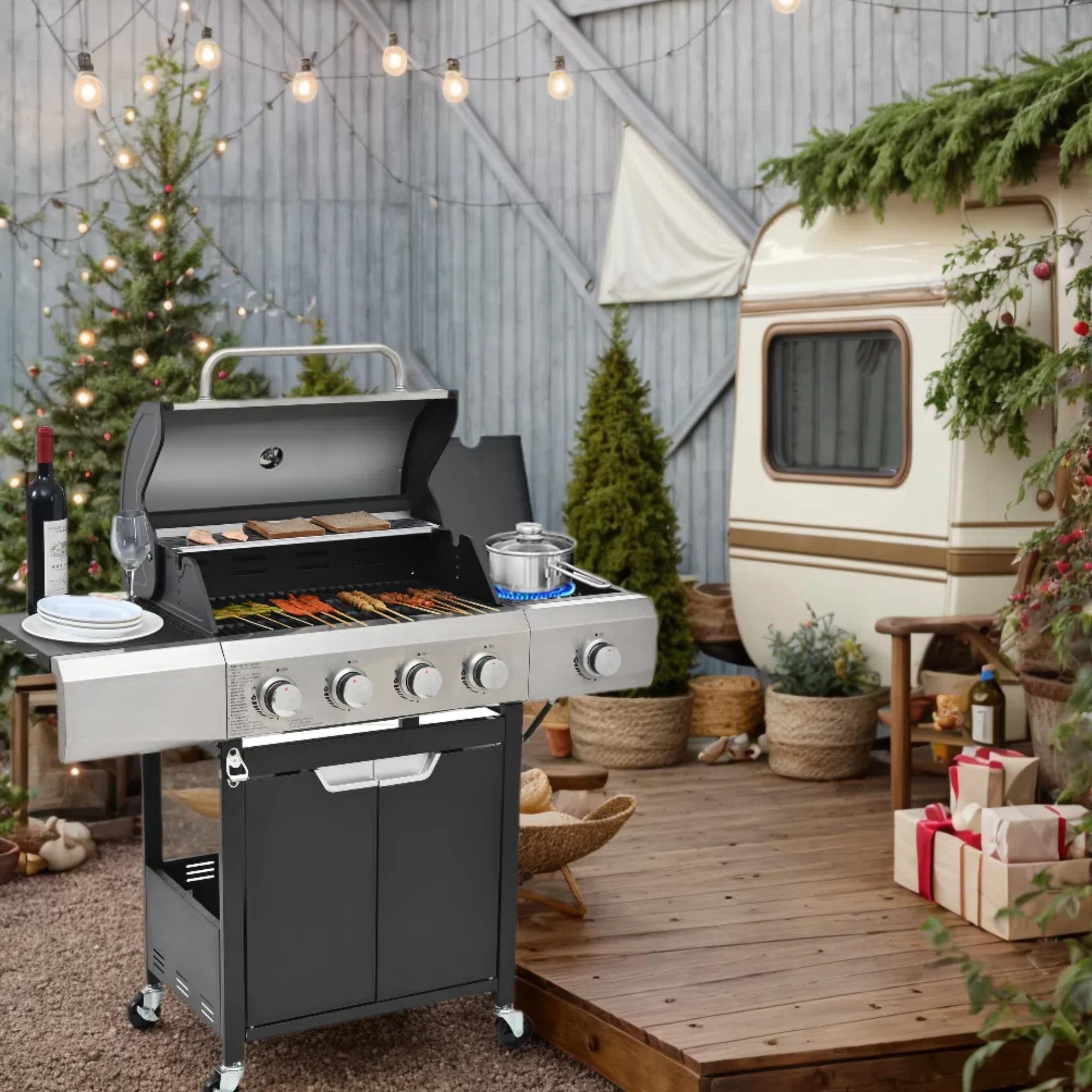 **51,000 BTU Propane BBQ Grill with 4 Stainless Steel Burners, Side Burner & Pull-Out Tray – Heavy-Duty Outdoor Gas Grill with Cover for Backyard, Camping, Picnics & Tailgating (Silver)**