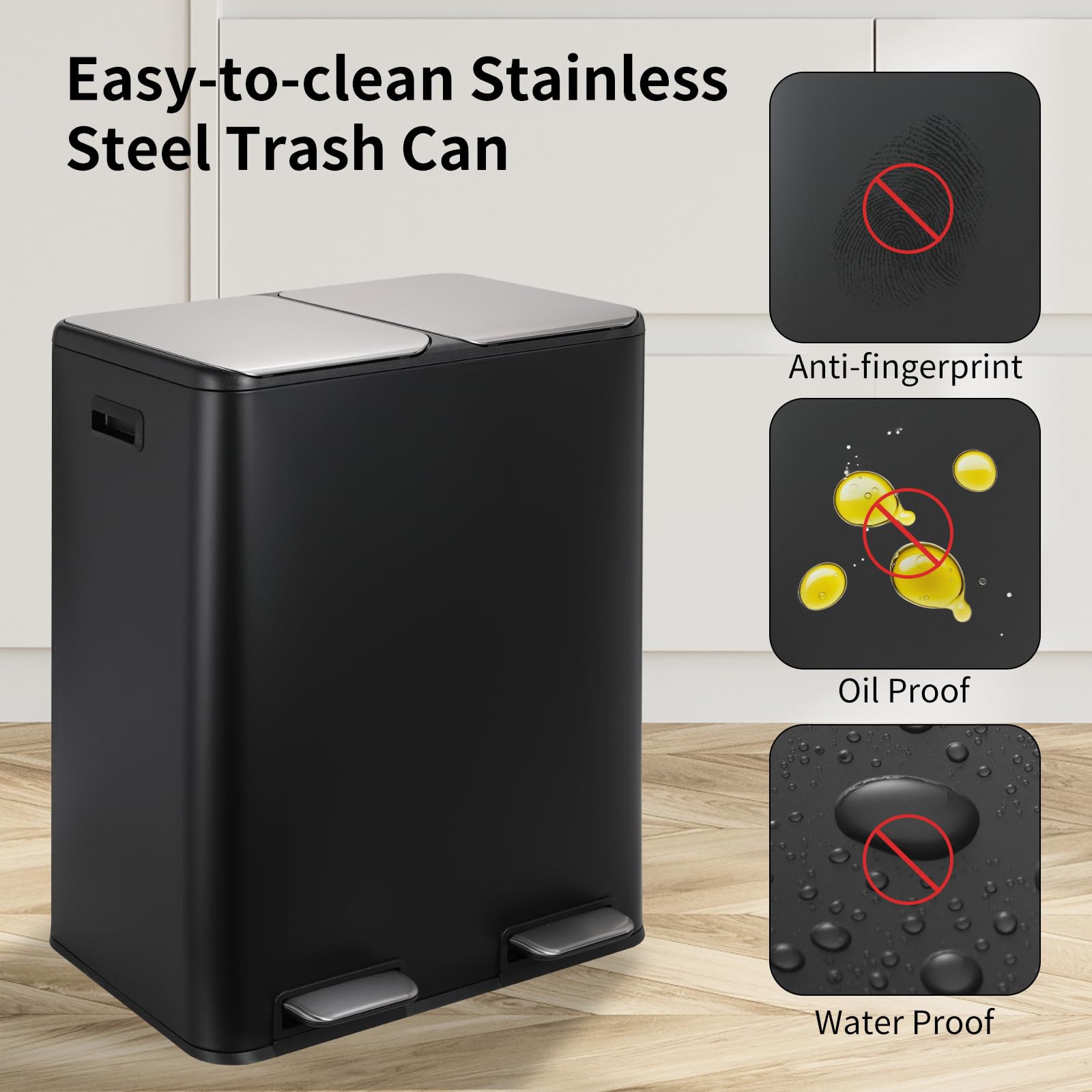 Arlopu 16 Gallon Dual Compartment Stainless Steel Kitchen Trash Can with Odor Control - 2 Built-in Bins, Soft-Close Lid, Foot Pedal & Side Handle - Perfect for Home, Office & Recycling Waste (Black)