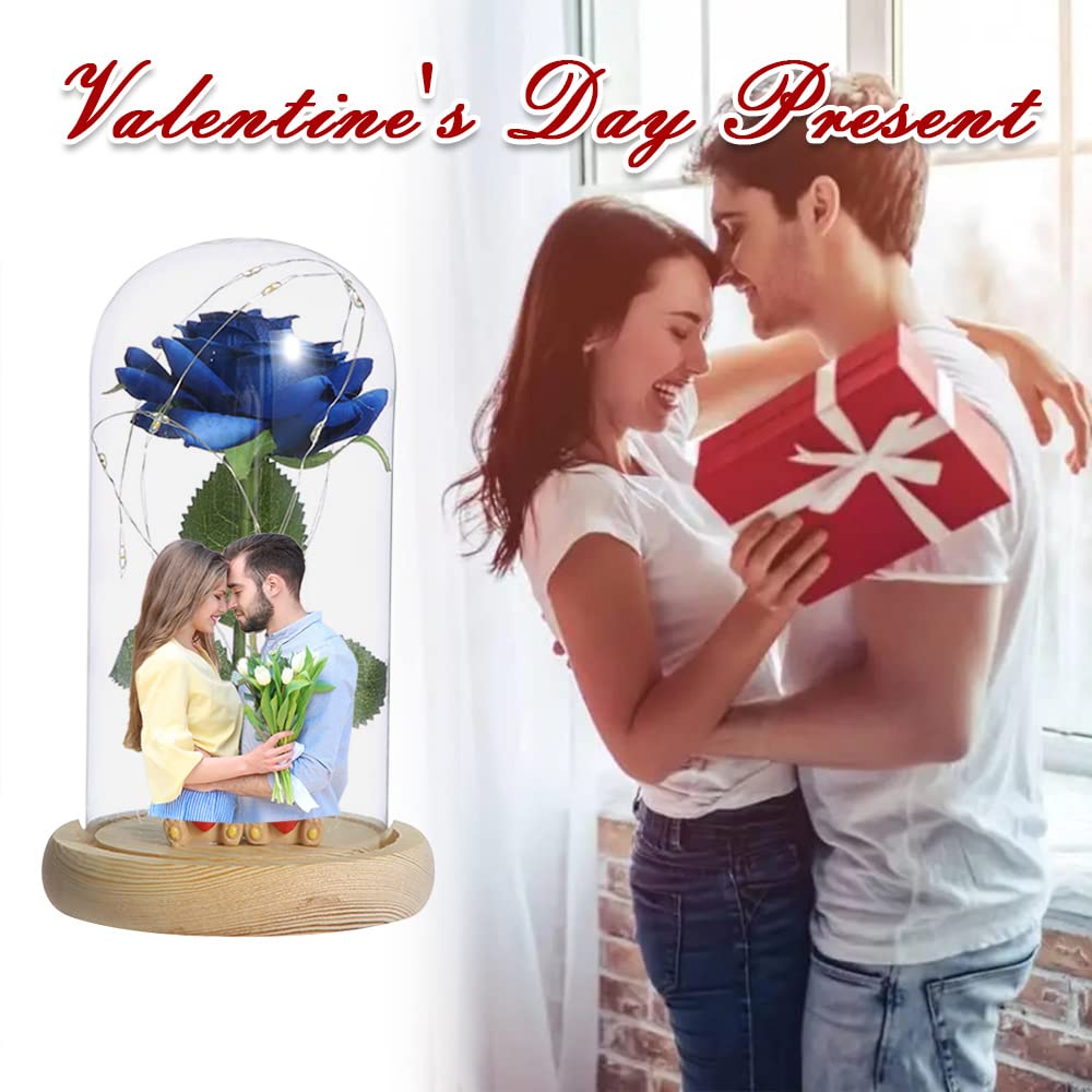 Custom Photo Text Red Silk Eternal Rose in Glass Dome with LED Light & Wood Base - Valentine's Day Home Decor, Anniversary Gift for Wife, Romantic Preserved Flower for Wedding Centerpiece & Bedroom Decoration