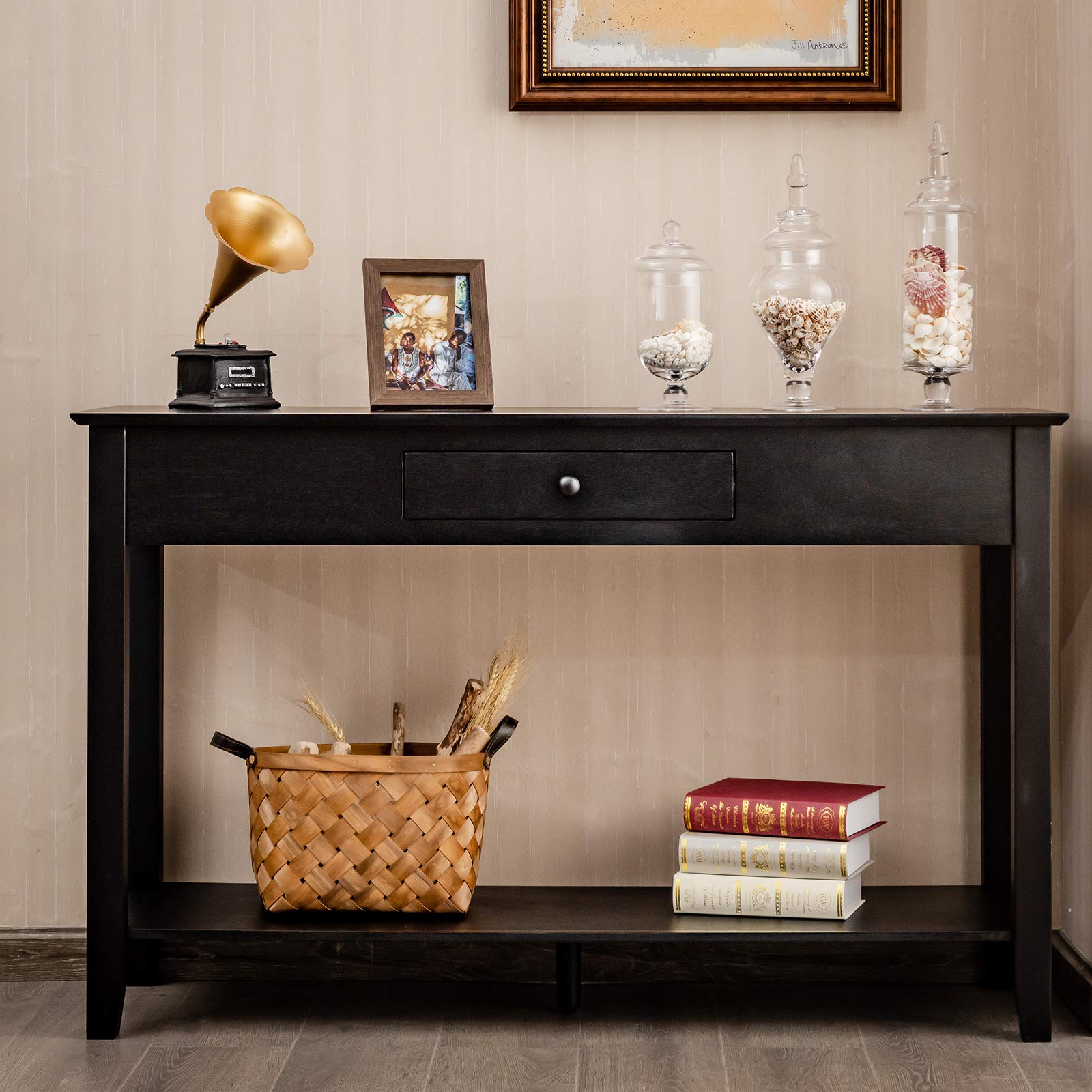 Giantex 2-Tier Wooden Console Table with Drawer & Storage Shelf - Entryway Sofa Table for Hallway, Living Room, Bedroom - Multifunctional Display Platform (Black) | Perfect for Small Space Organization & Home Decor