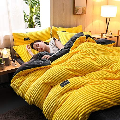 LOFJOL Striped Crystal Velvet Duvet Cover Set - Ultra Soft 4 Piece Queen Size Bedding Set with Hidden Zipper & Ties, Yellow - Perfect for Cozy Bedroom Decor & Guest Room Makeover