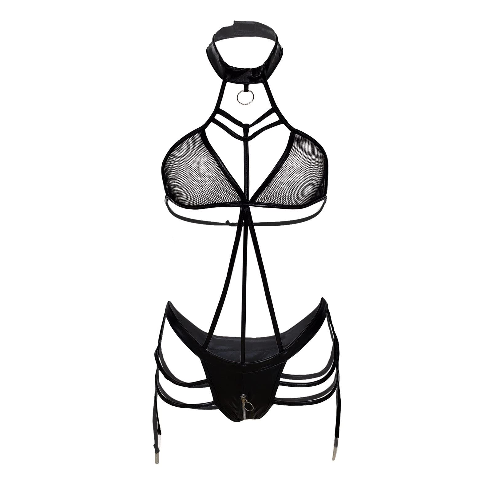 Sexy Fishnet Lingerie for Women - Halter Neck Cut Out Teddy Bodysuit with Crotchless Design | Perfect for Valentine's Day, Boudoir Photography & Role Play