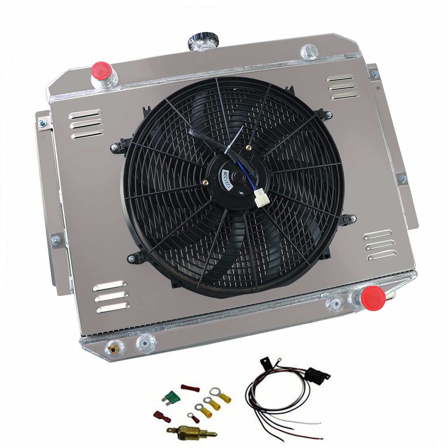 3 Row Aluminum Radiator with Shroud Fan & Relay Kit - Compatible for 1971-1979 Dodge B/D/W Series 100/200/250/300 Vans - Perfect for Engine Cooling & Off-Road Adventures