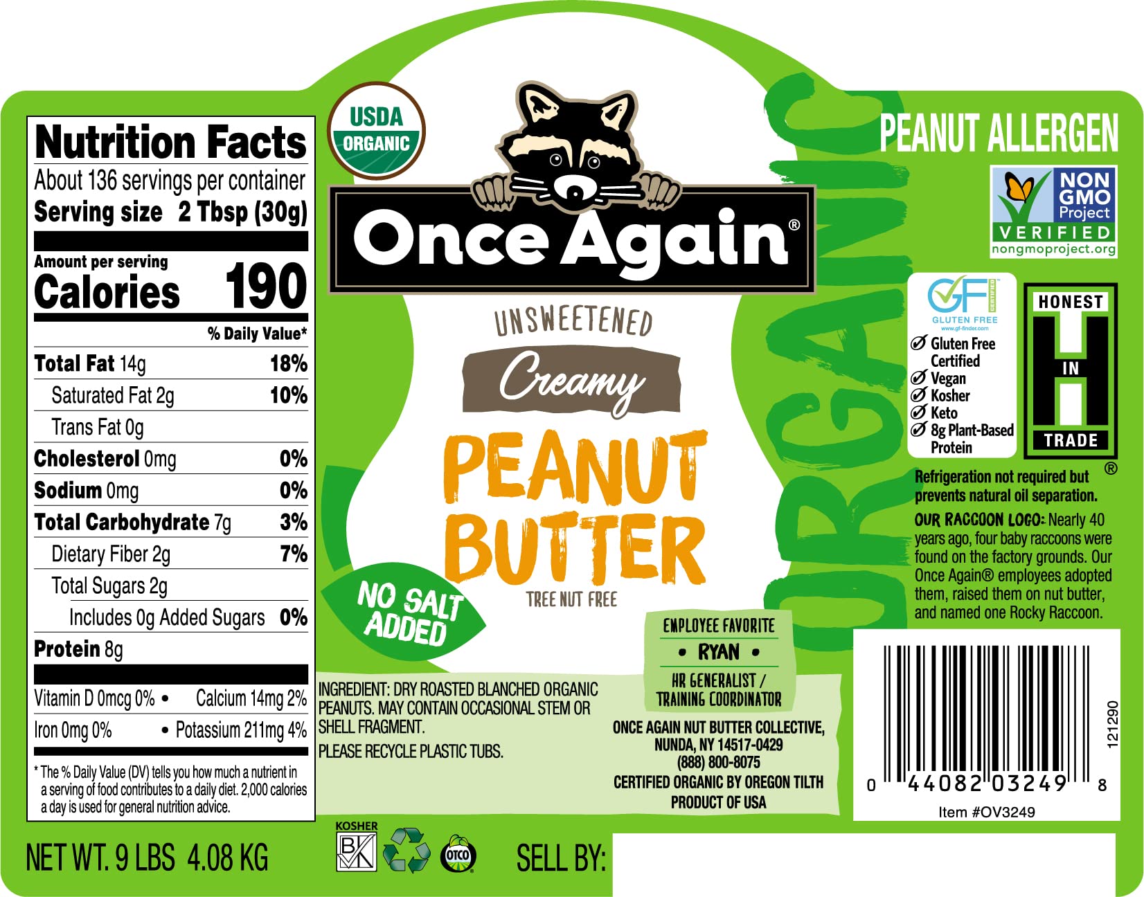 Once Again Organic Creamy Peanut Butter, 9lbs Bulk Jar (Equivalent to 9 Individual Jars) - No Salt Added, Unsweetened, USDA Organic Certified, Gluten Free, Vegan & Kosher - Perfect for Smoothies, Baking & Healthy Snacks